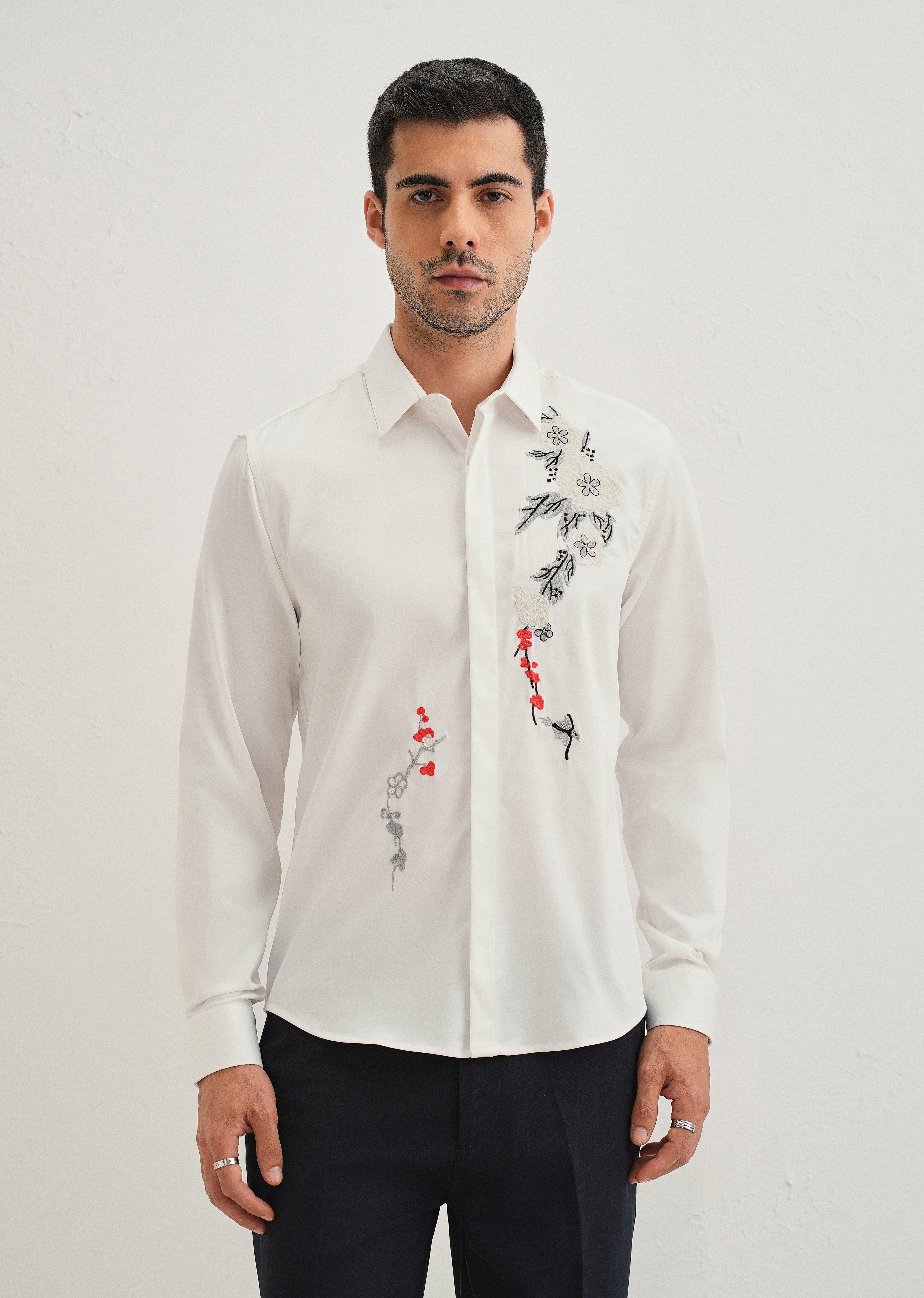 White Floral Embroidered Designer Shirt