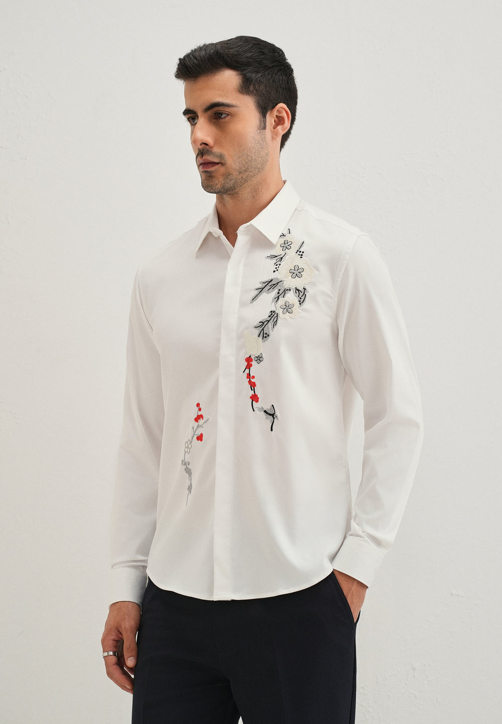 White Floral Embroidered Designer Shirt