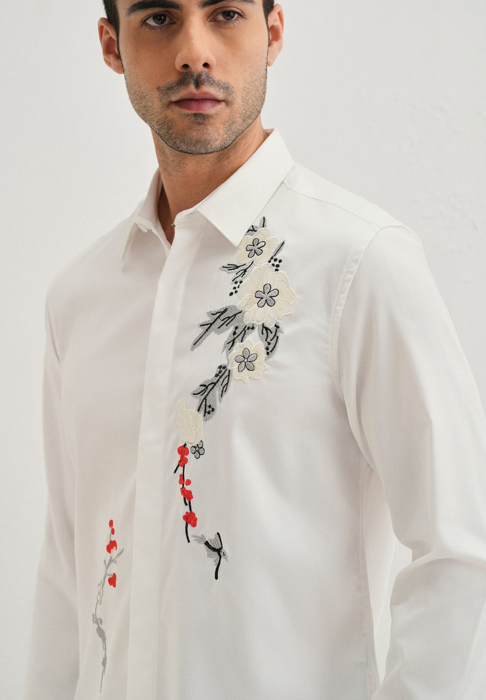 White Floral Embroidered Designer Shirt