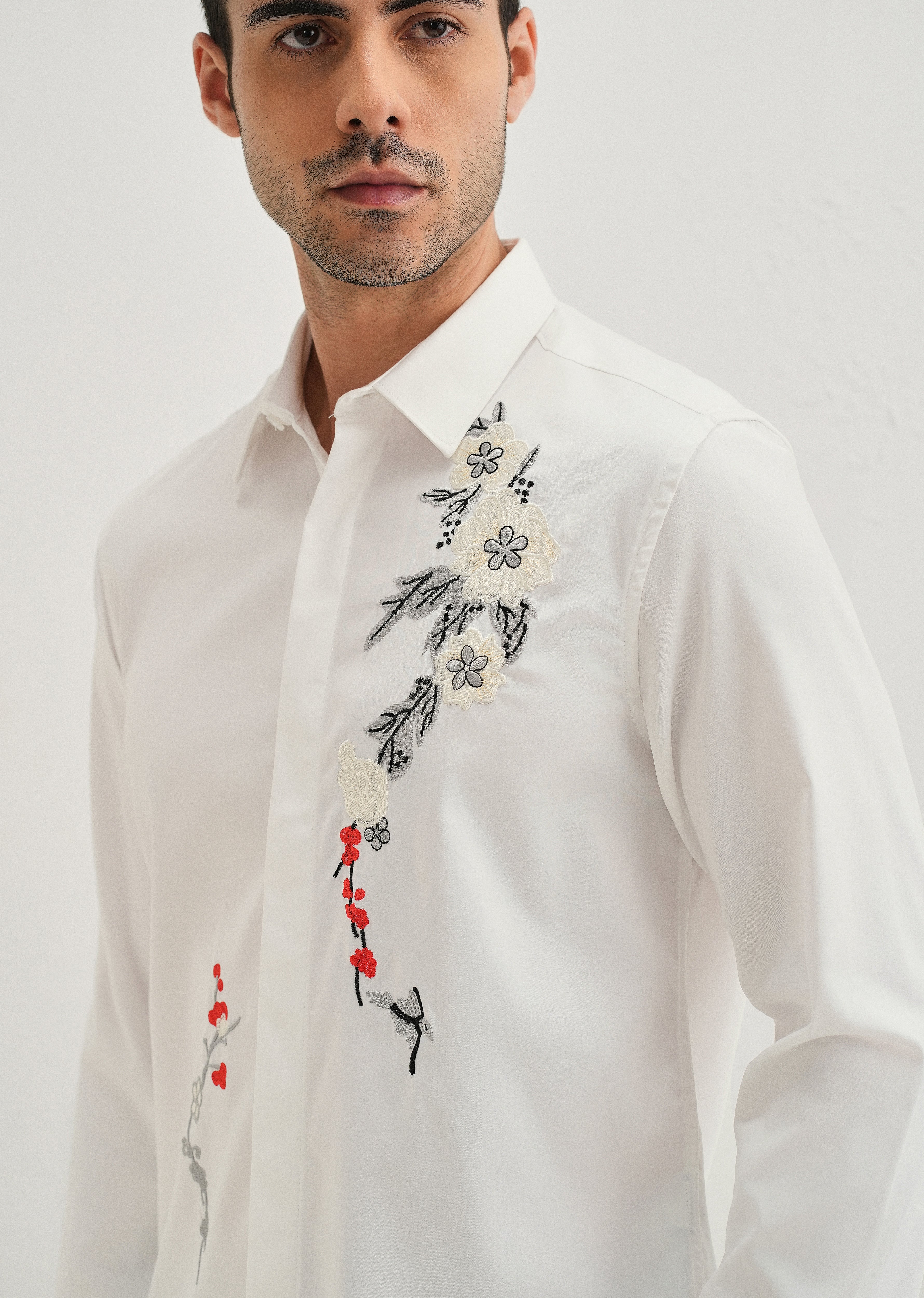 White Floral Embroidered Designer Shirt