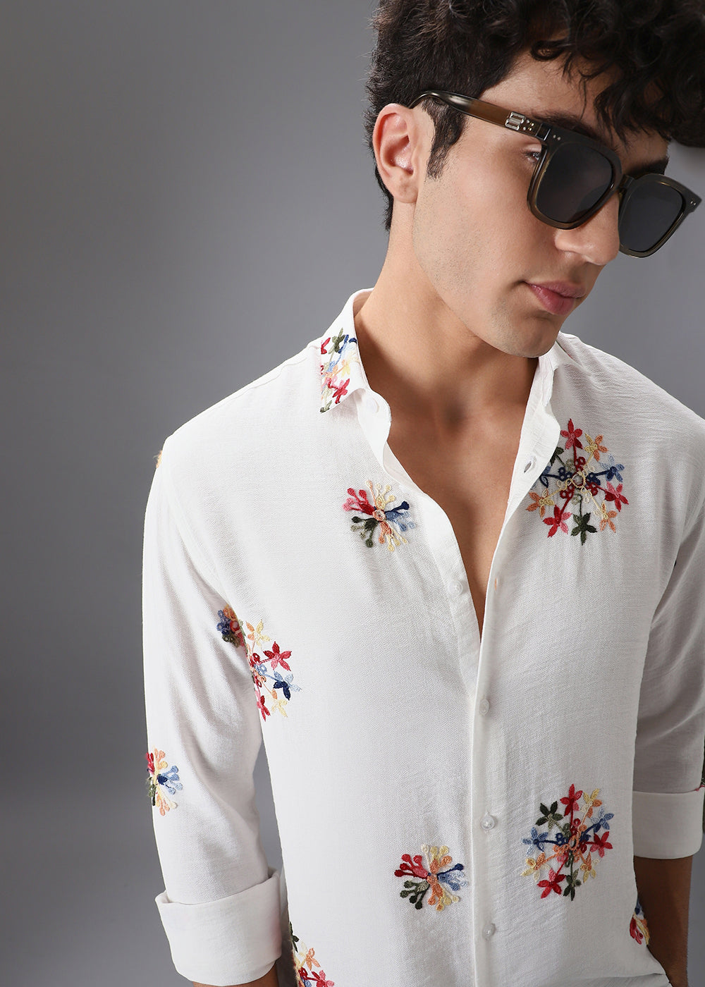 White Floral Embroidered Shirt