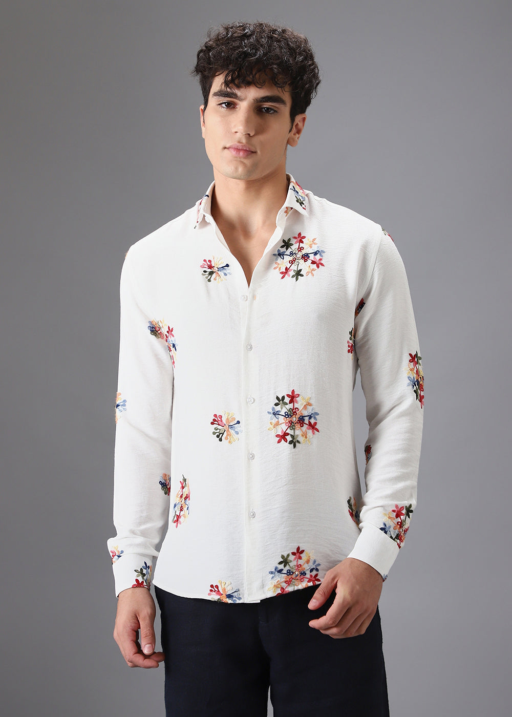 White Floral Embroidered Shirt