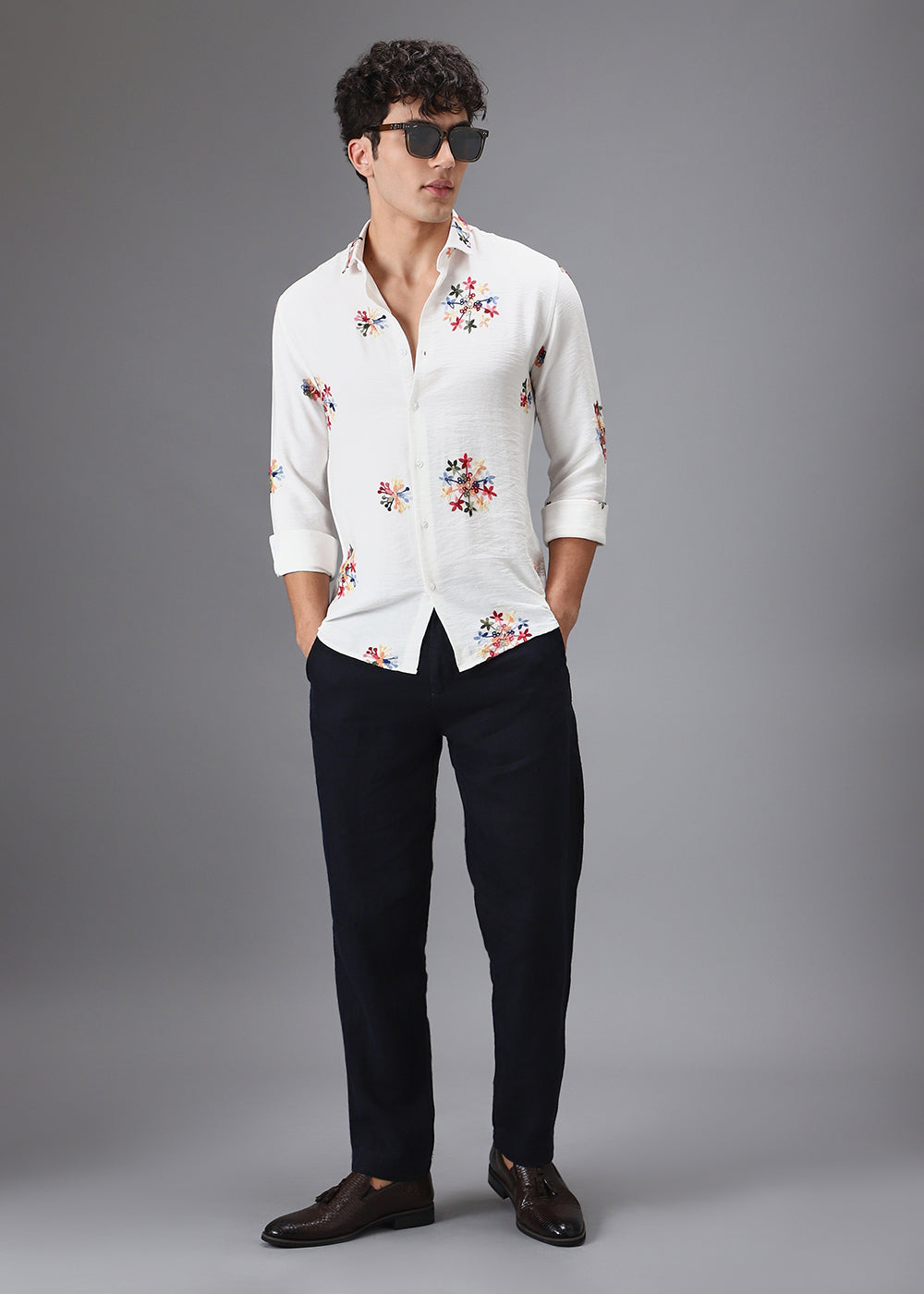 White Floral Embroidered Shirt