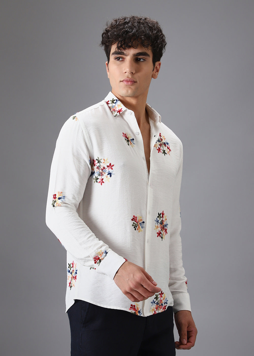 White Floral Embroidered Shirt