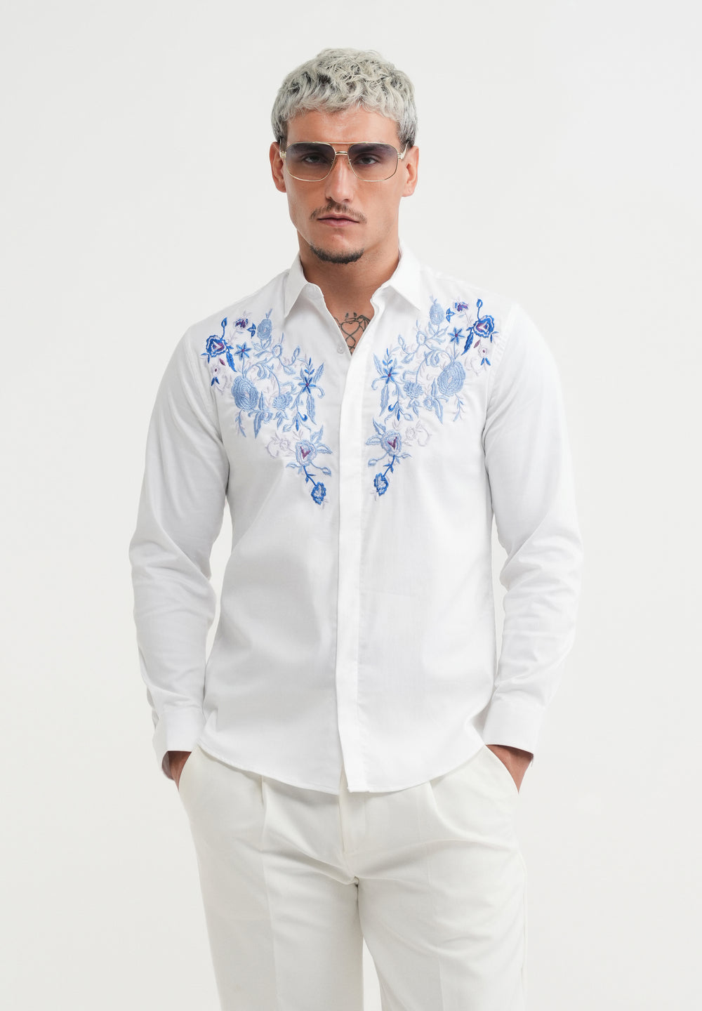 White Floral Embroidery Designer Shirt