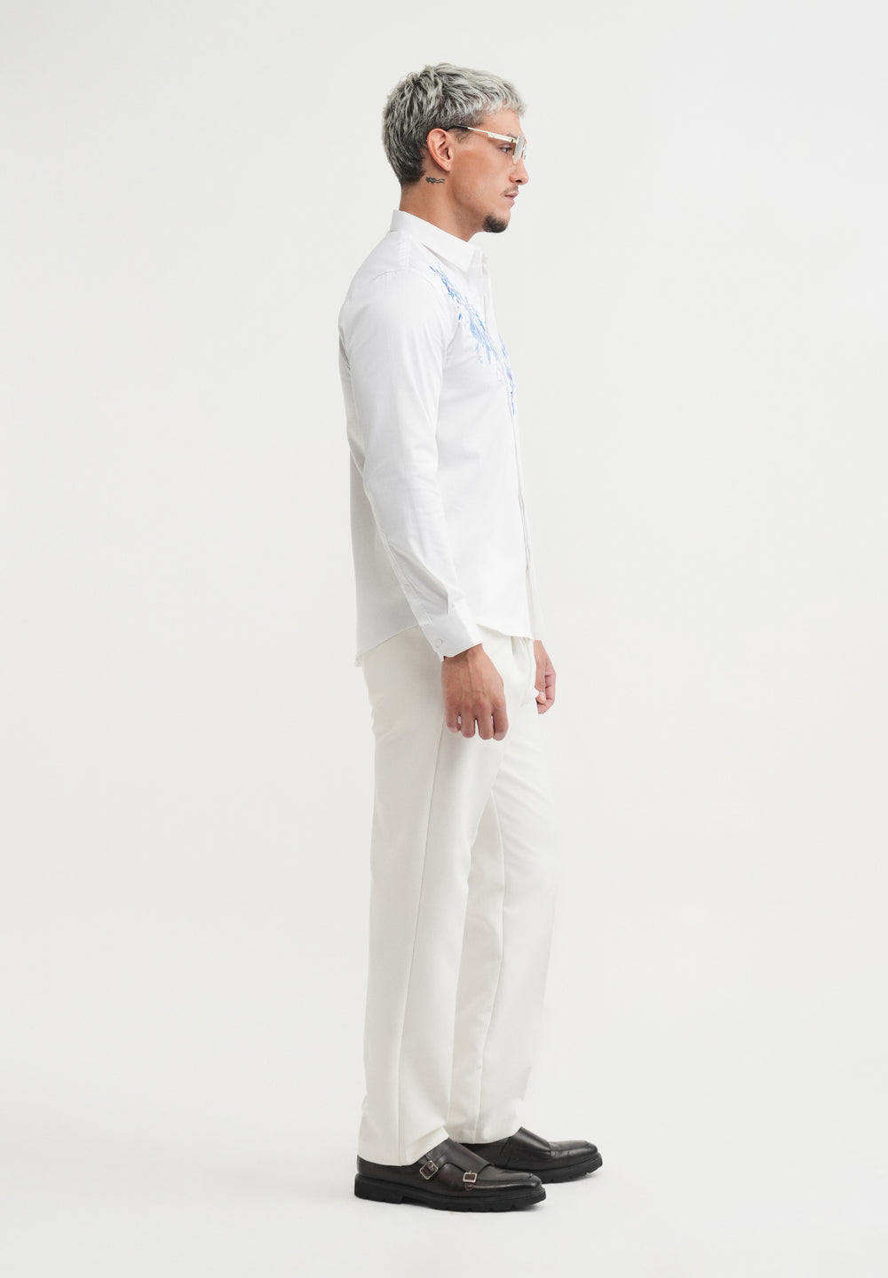 White Floral Embroidery Designer Shirt