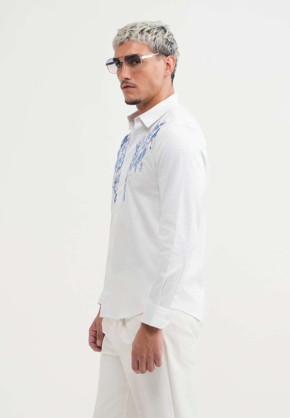 White Floral Embroidery Designer Shirt