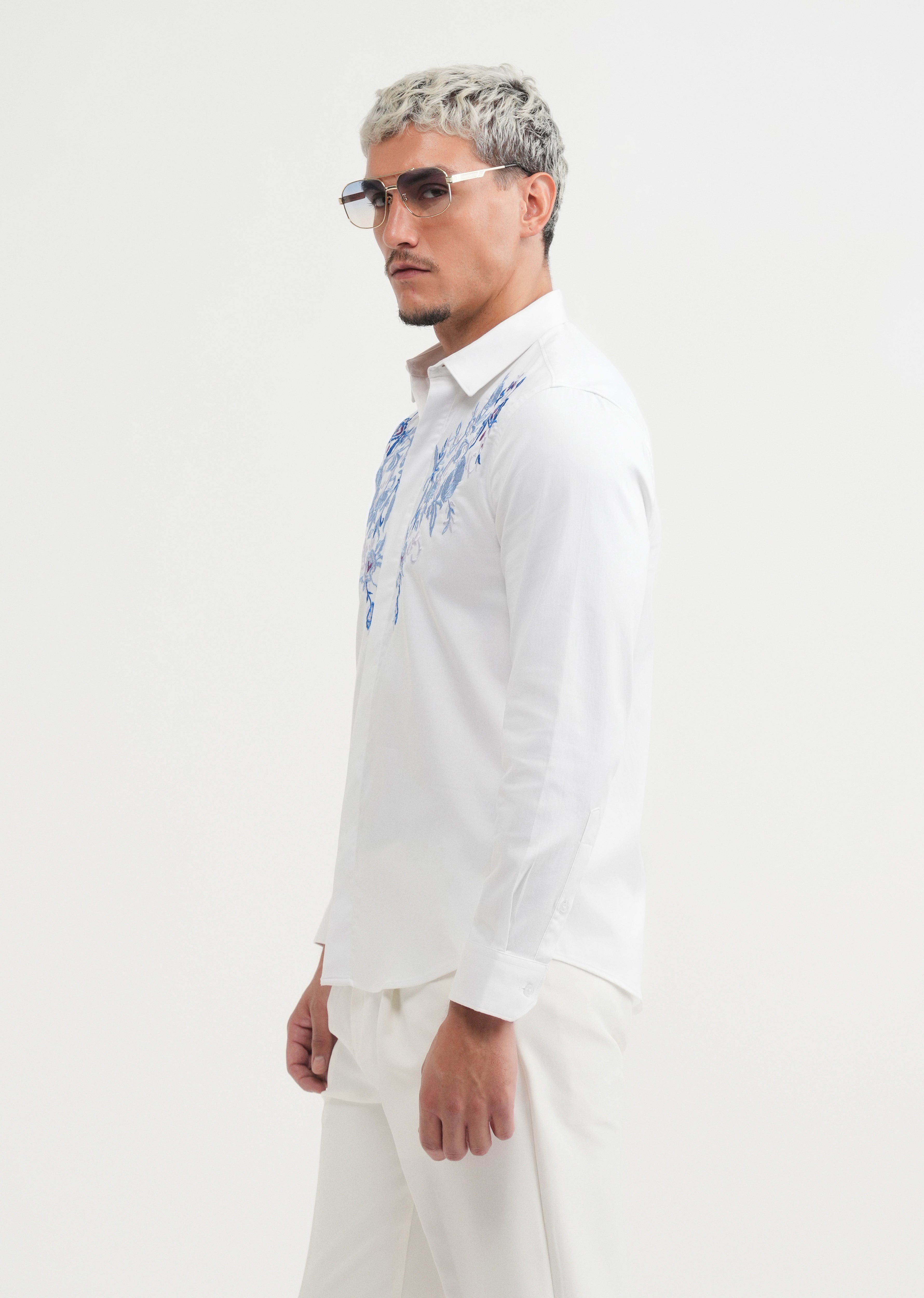 White Floral Embroidery Designer Shirt