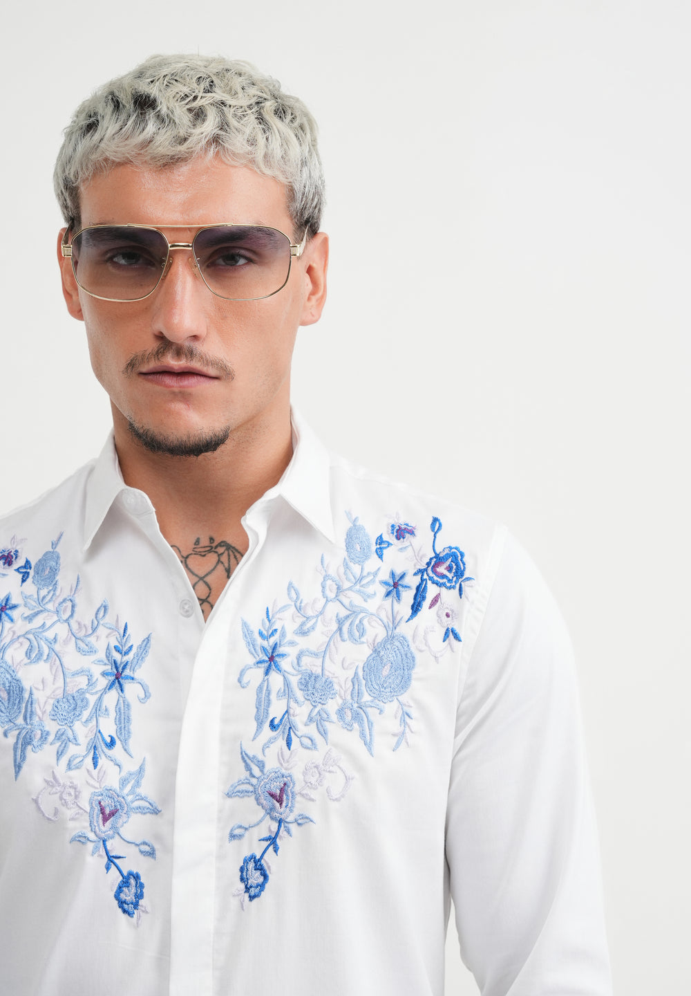 White Floral Embroidery Designer Shirt