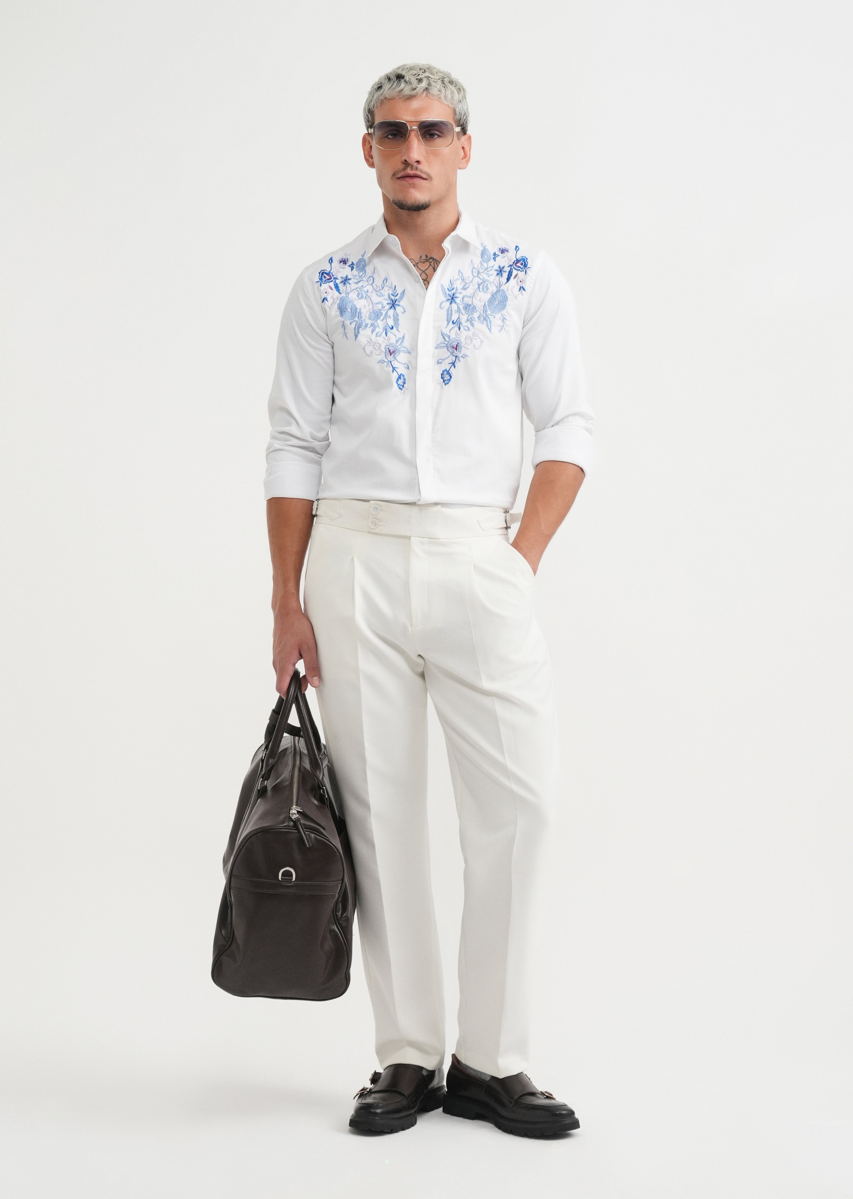 White Floral Embroidery Designer Shirt