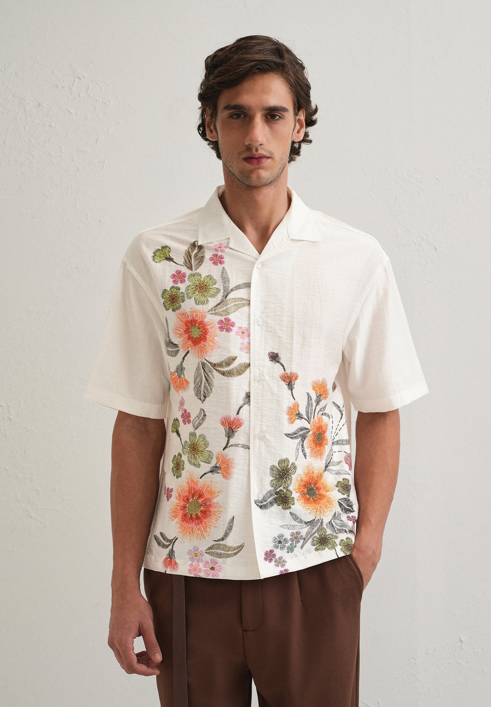 White Floral Placement Print Shirt