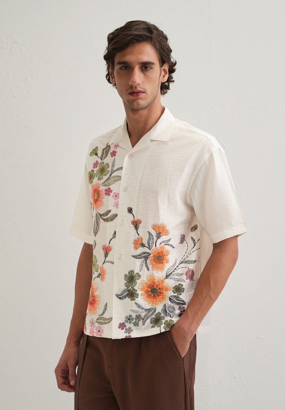 White Floral Placement Print Shirt