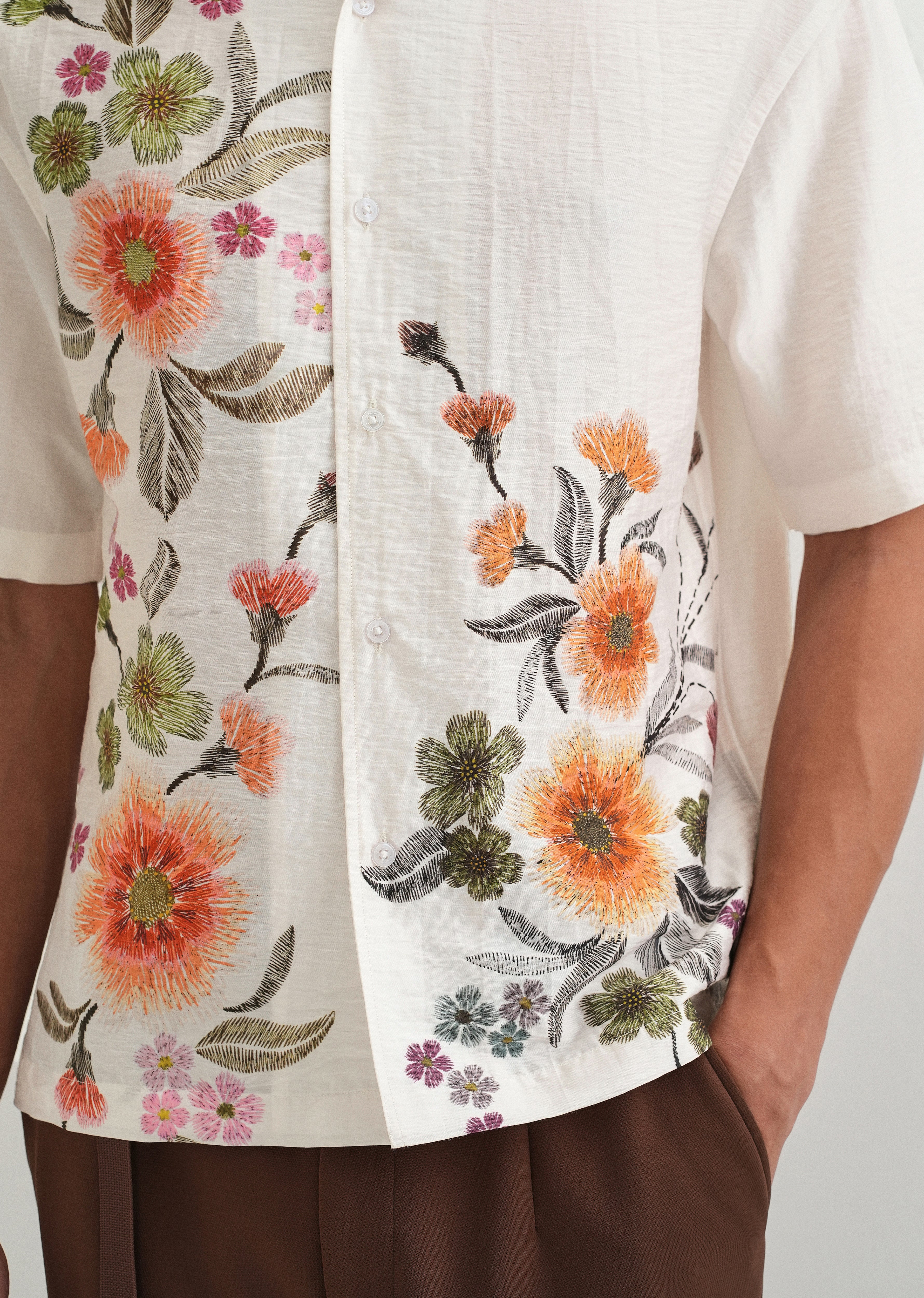 White Floral Placement Print Shirt