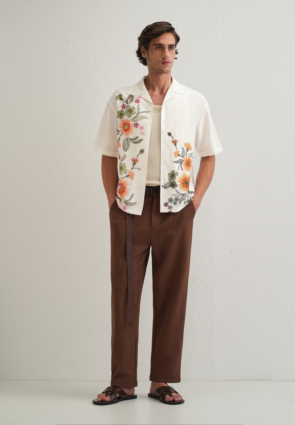 White Floral Placement Print Shirt