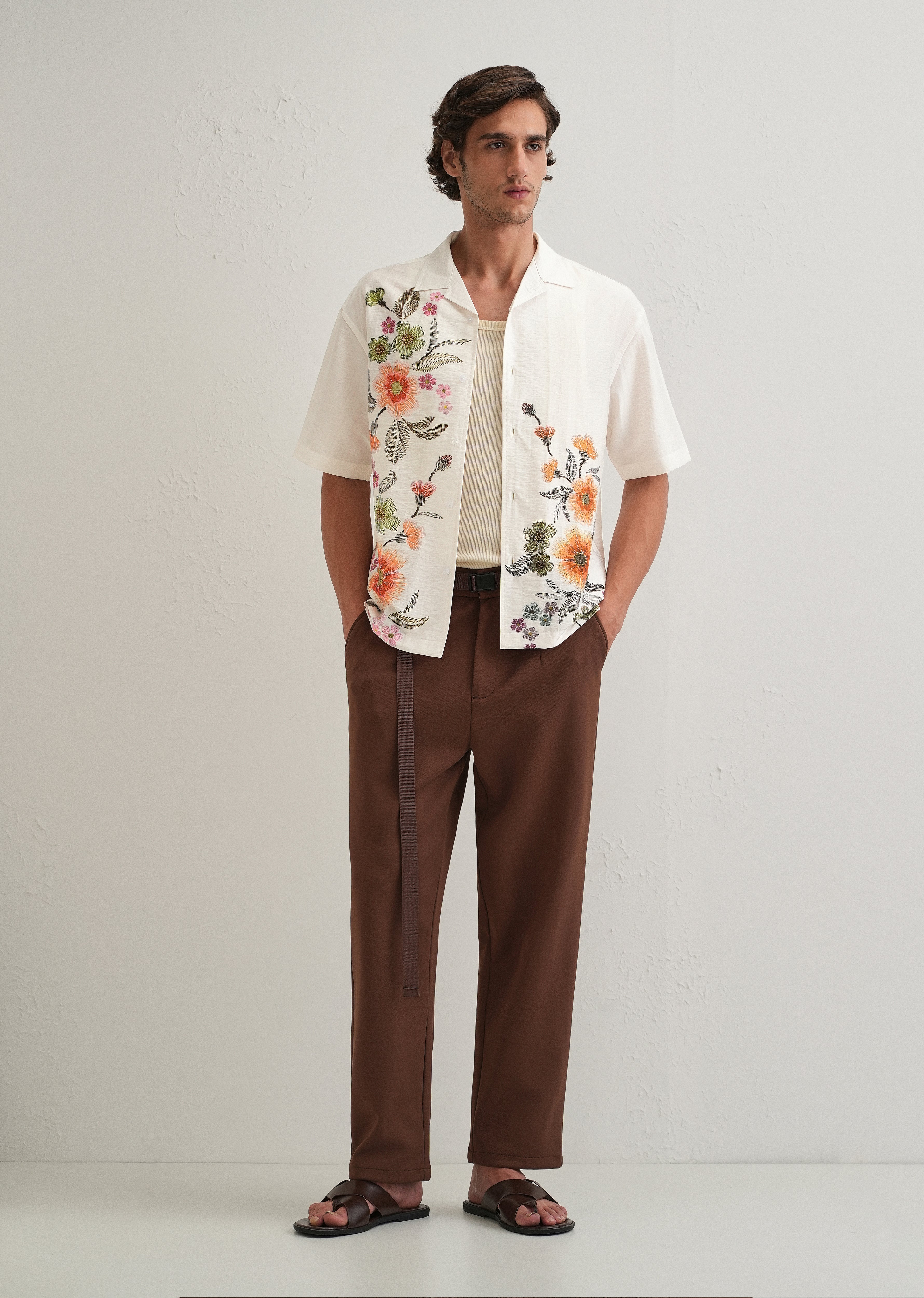 White Floral Placement Print Shirt