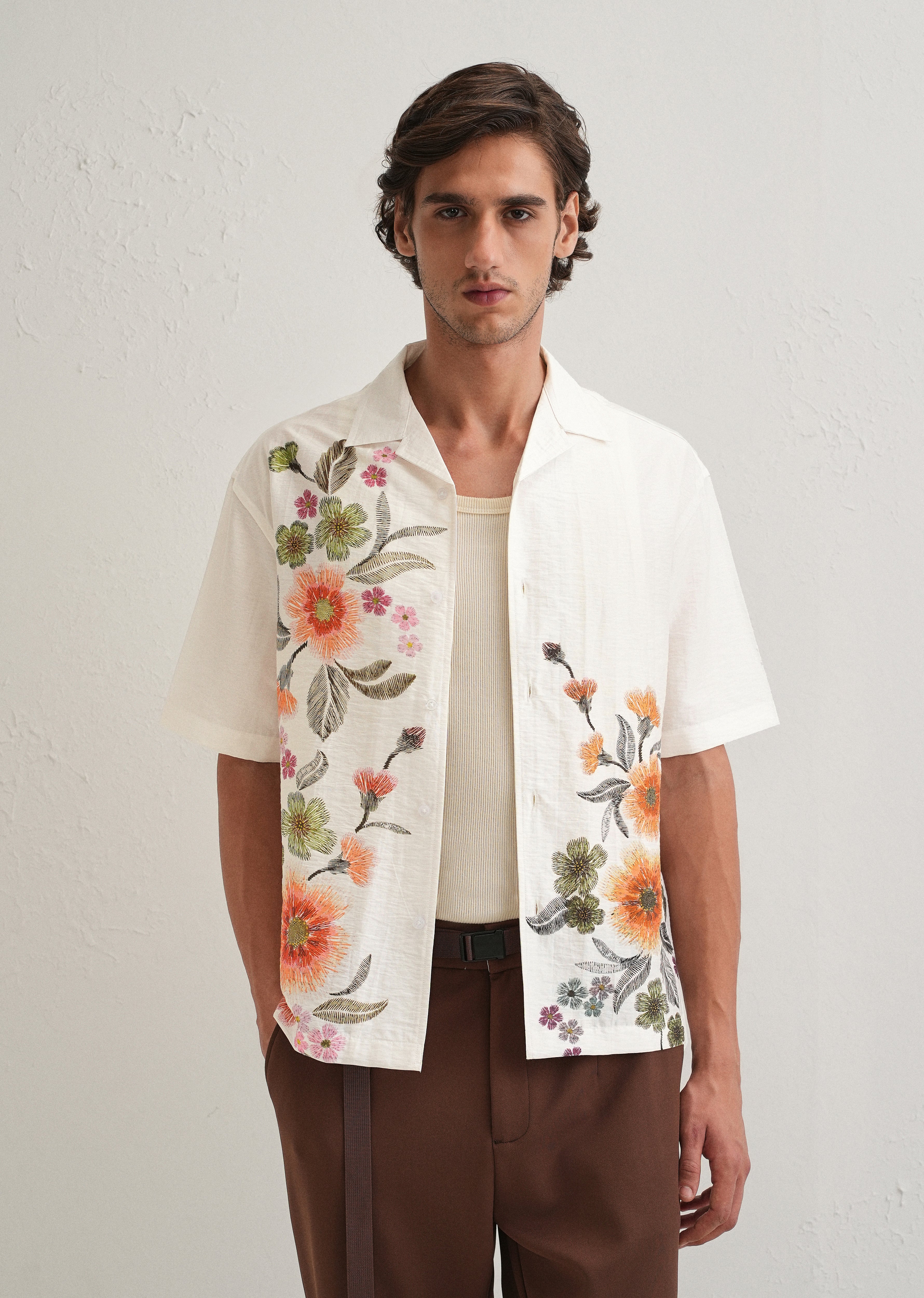 White Floral Placement Print Shirt