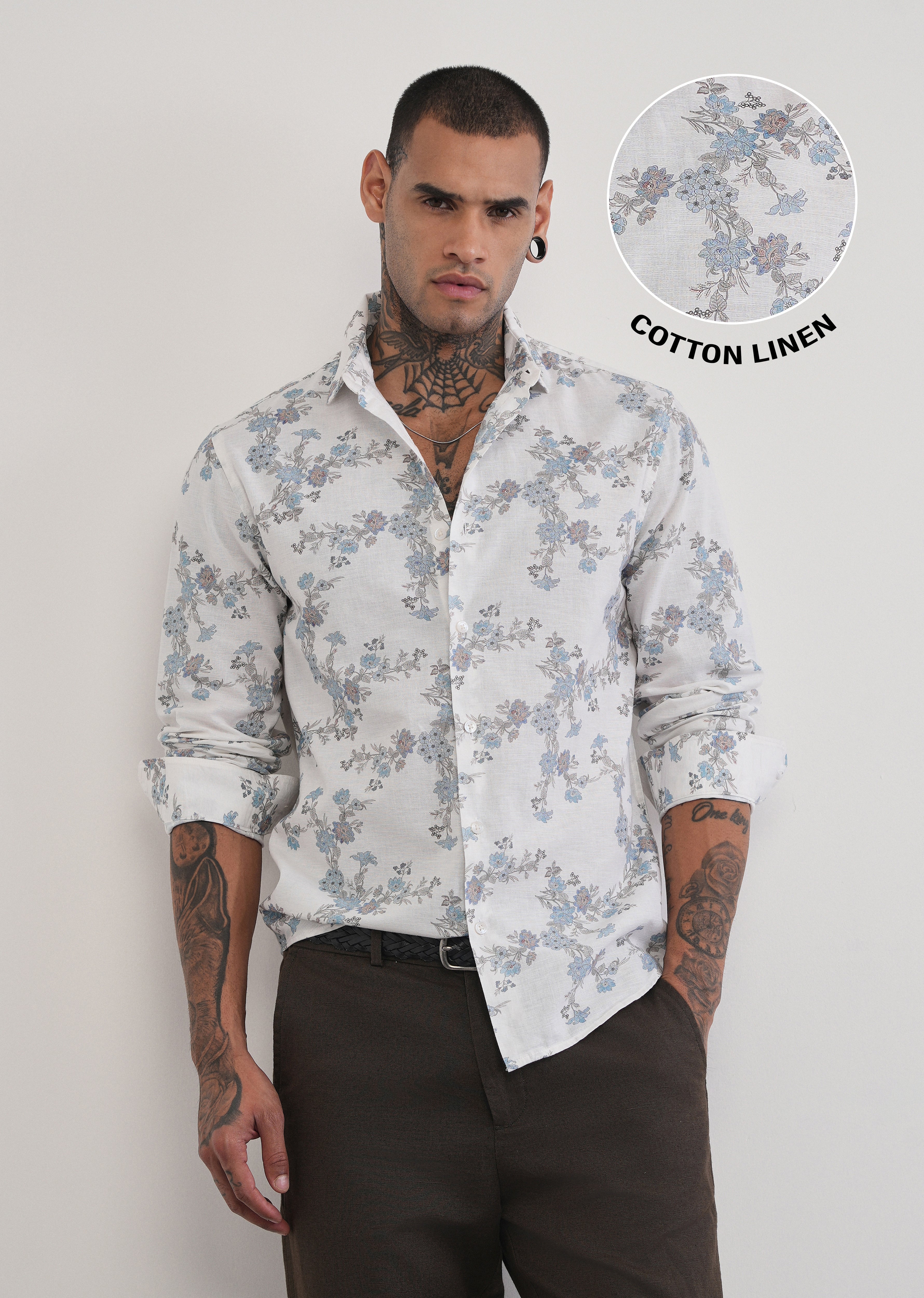 White Floral Print Cotton Linen Shirt
