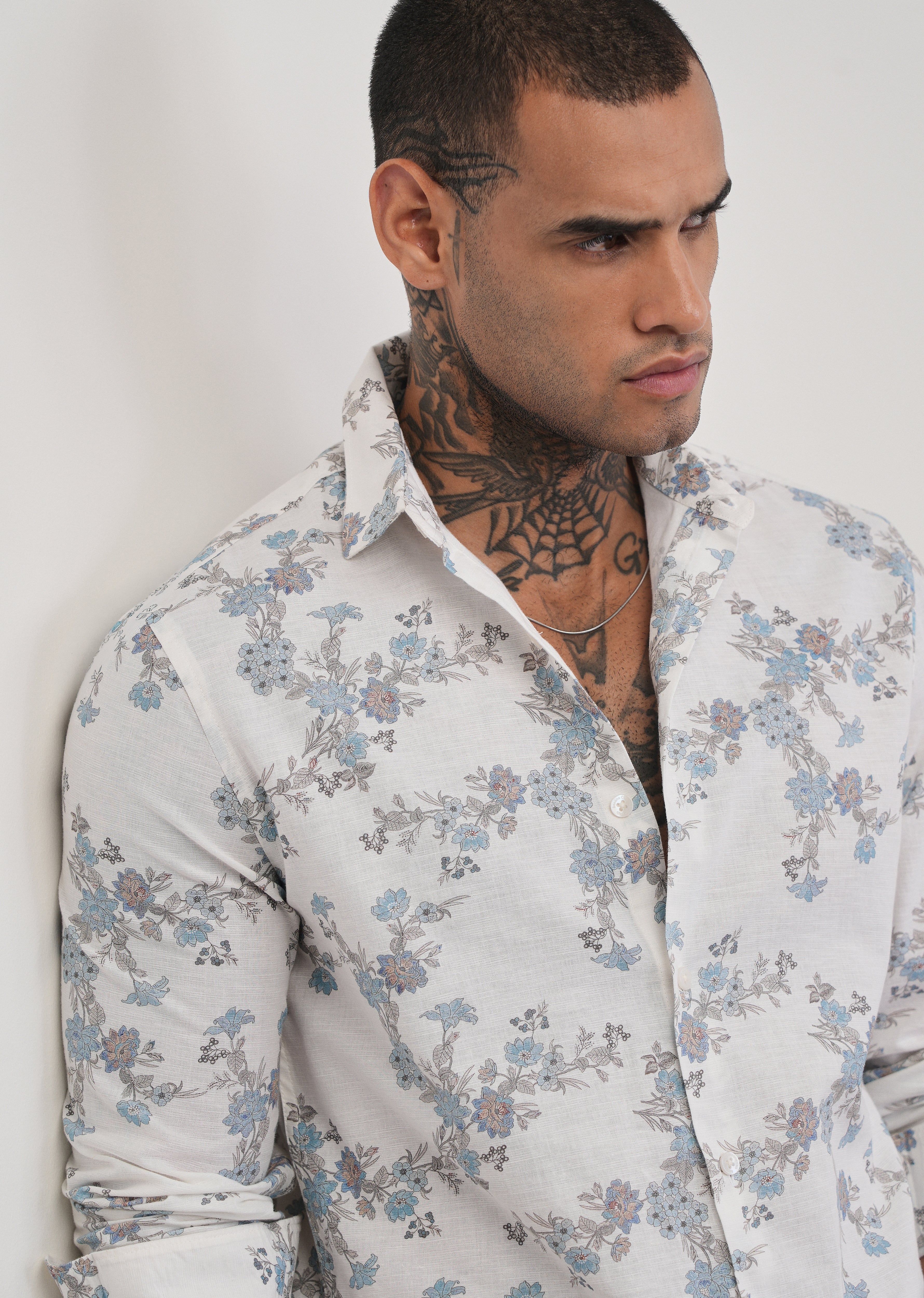 White Floral Print Cotton Linen Shirt