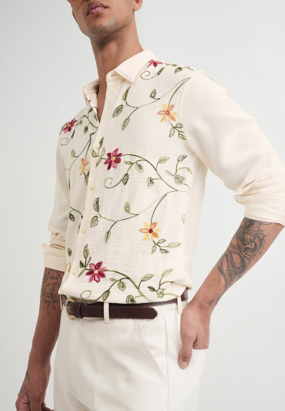 Cream Floral Thread Work Shirt