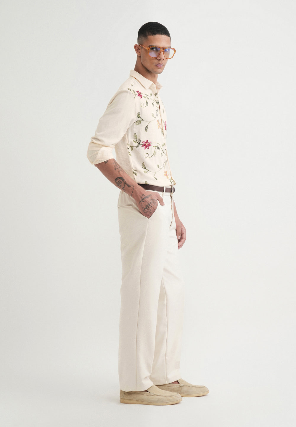 Cream Floral Thread Work Shirt
