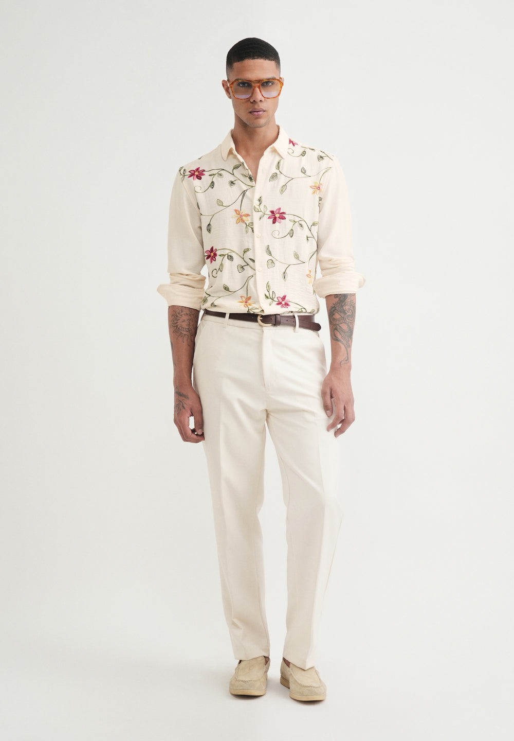 Cream Floral Thread Work Shirt