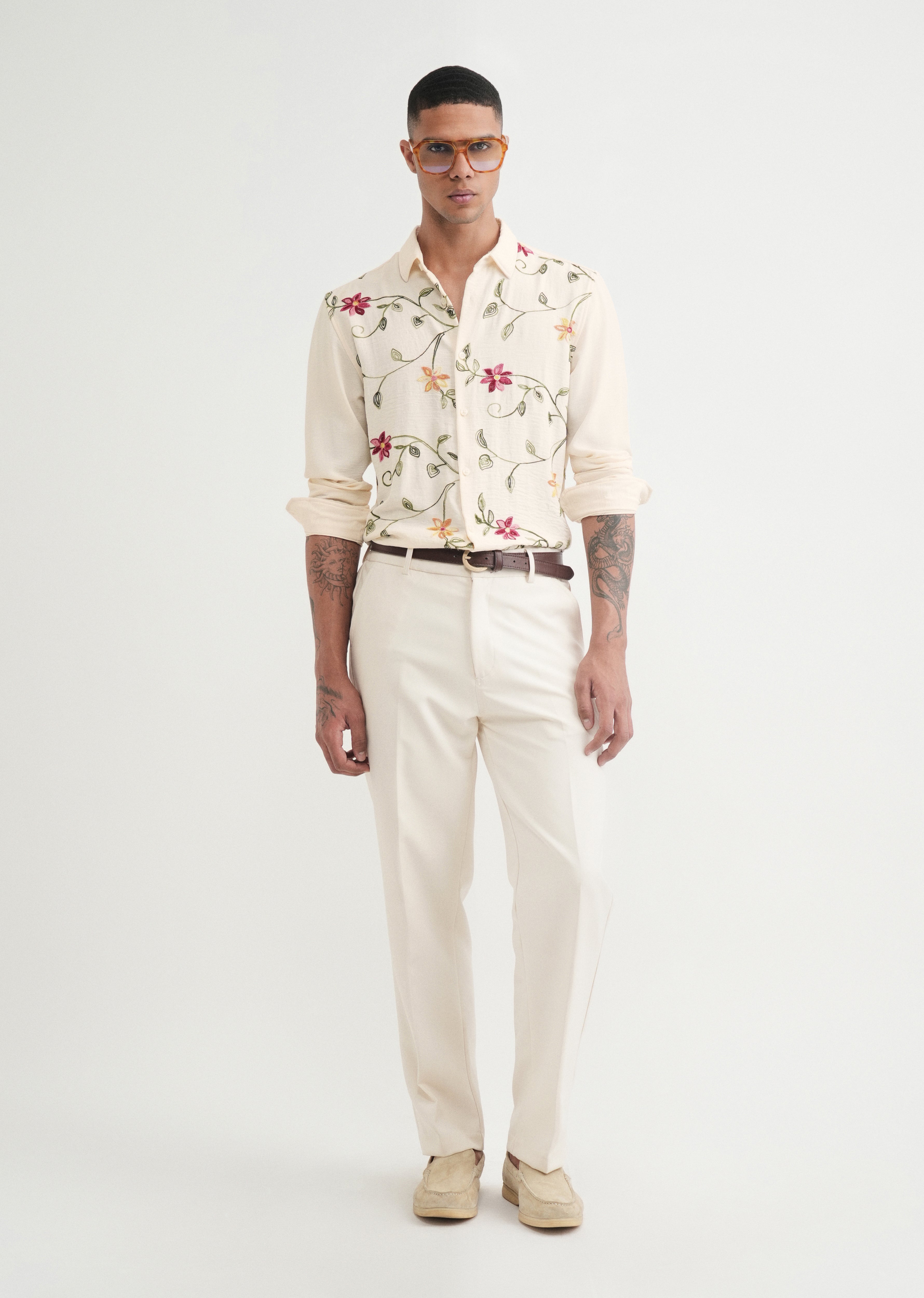 Cream Floral Thread Work Shirt