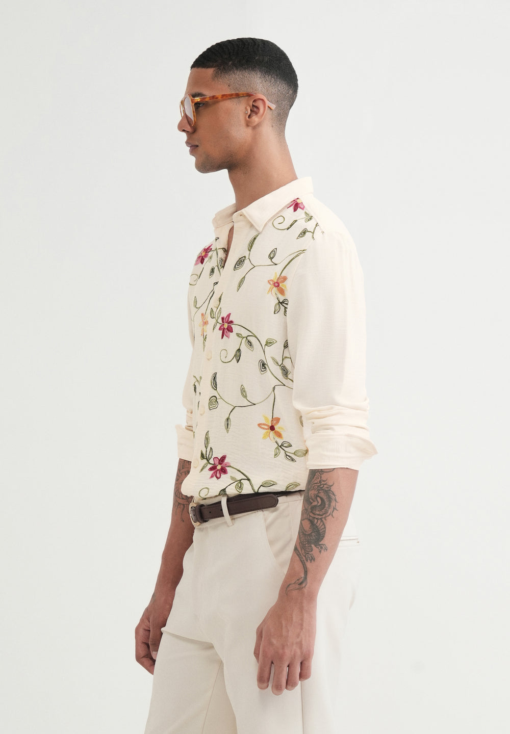 Cream Floral Thread Work Shirt