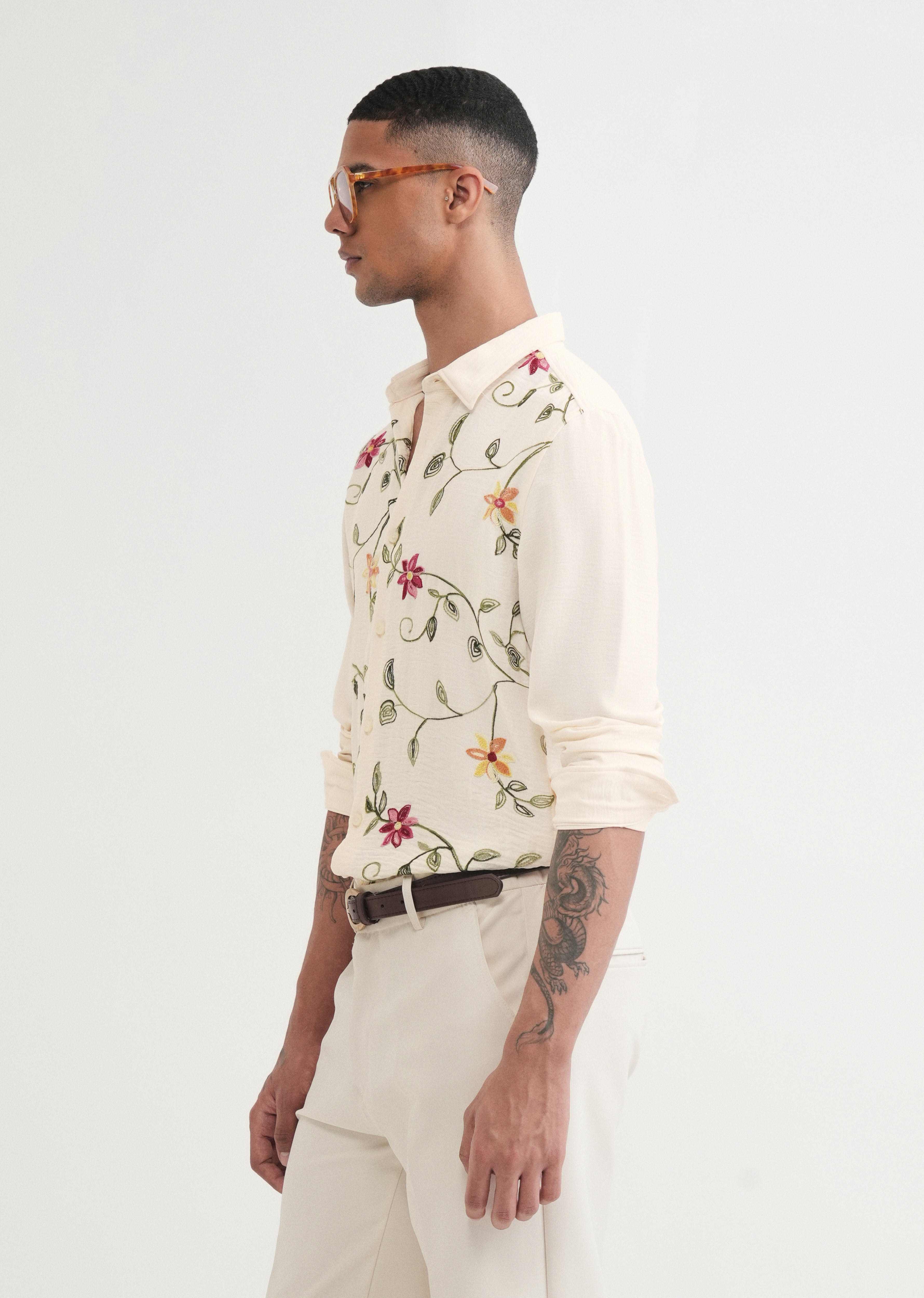 Cream Floral Thread Work Shirt