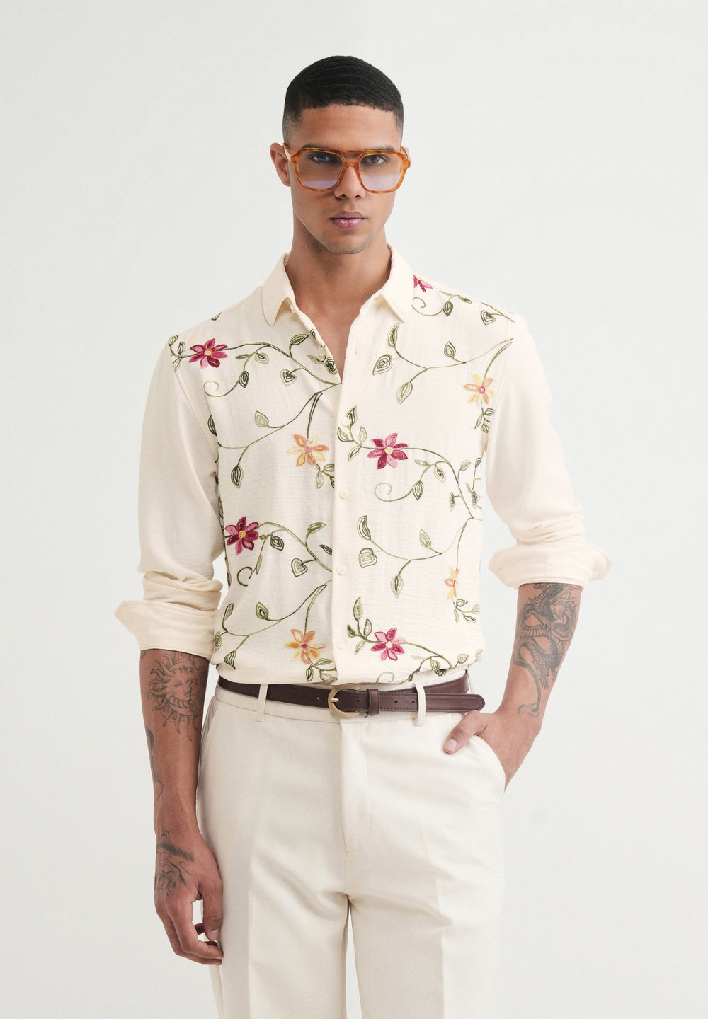 Cream Floral Thread Work Shirt