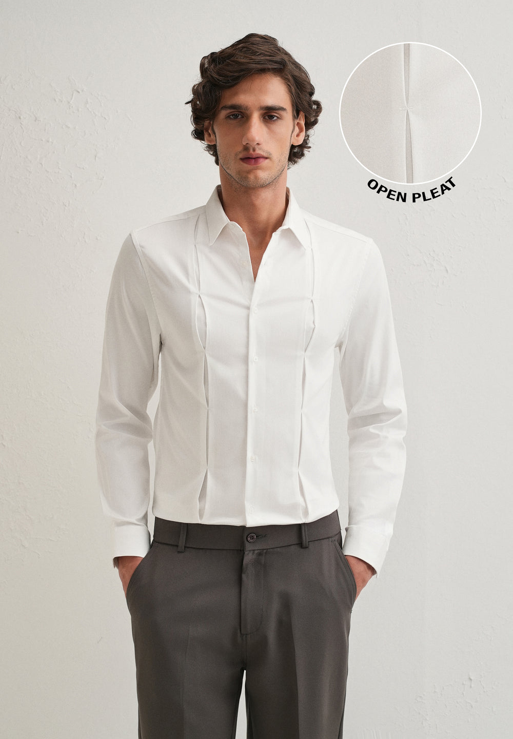 White Front Panel Open Pleat Shirt