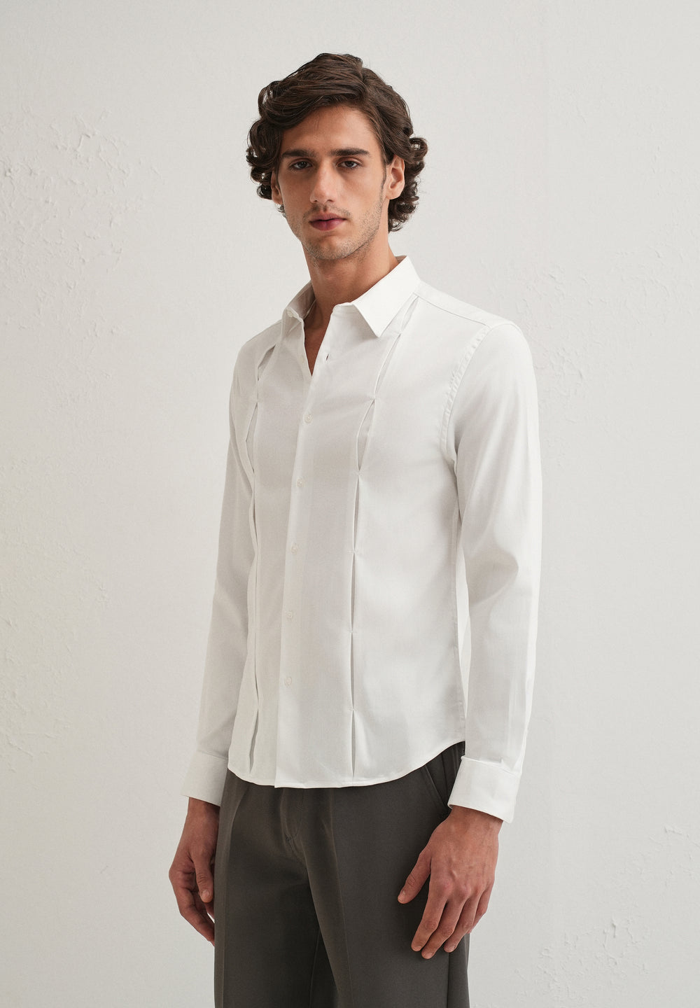 White Front Panel Open Pleat Shirt