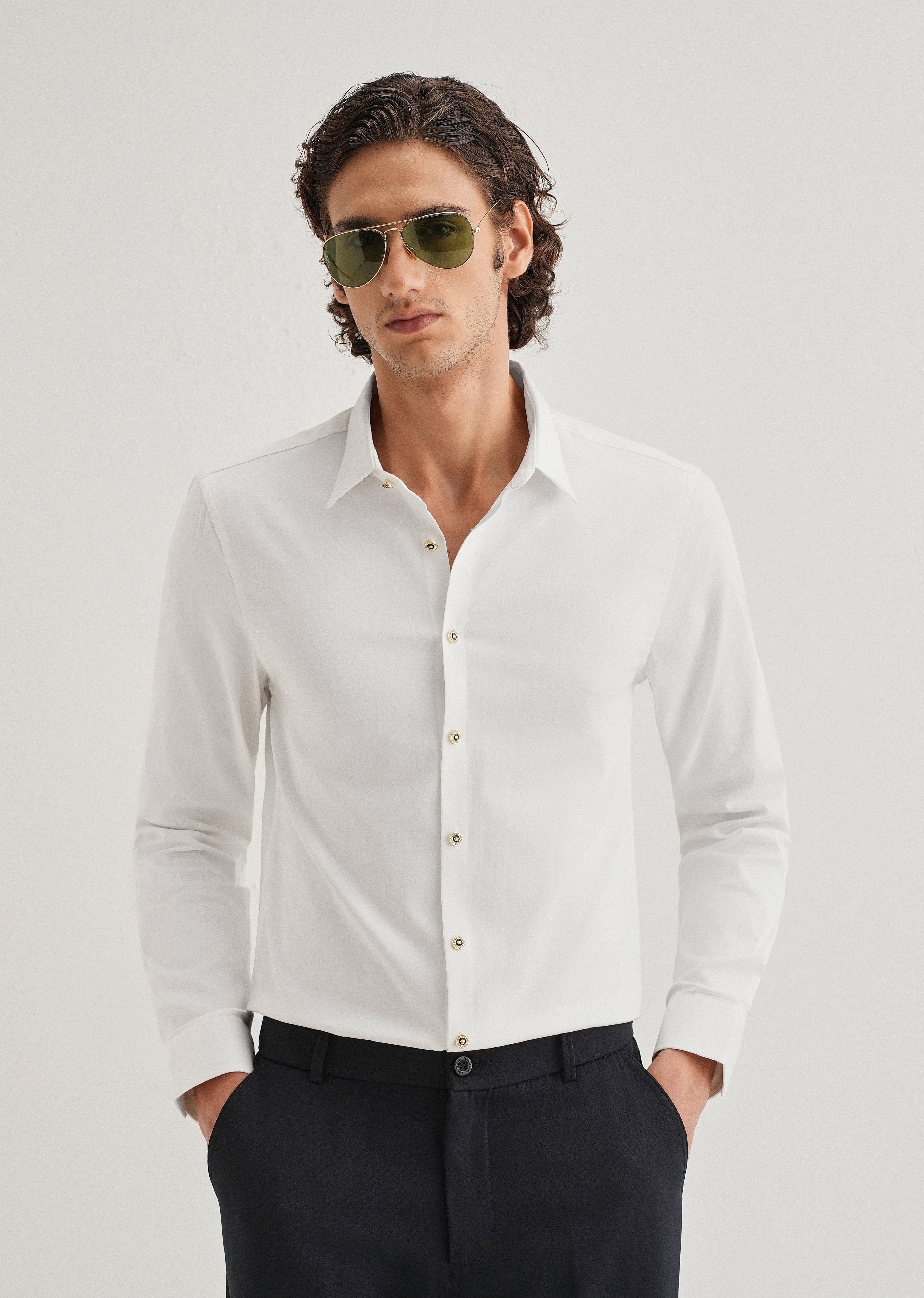 White Glossy Gold Embellished Button Shirt