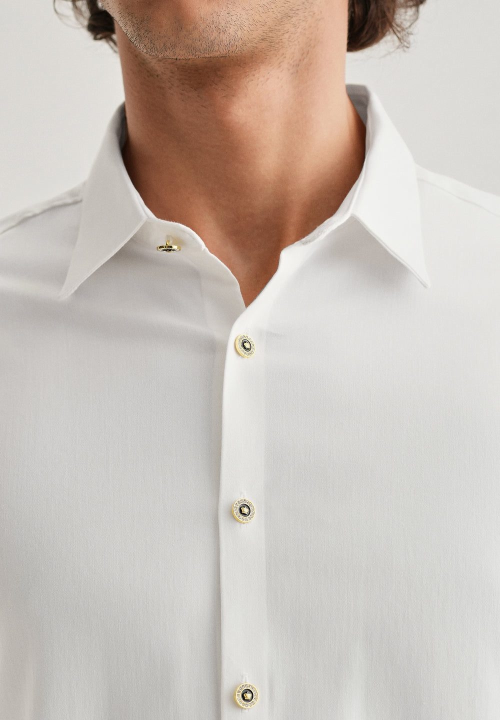 White Glossy Gold Embellished Button Shirt