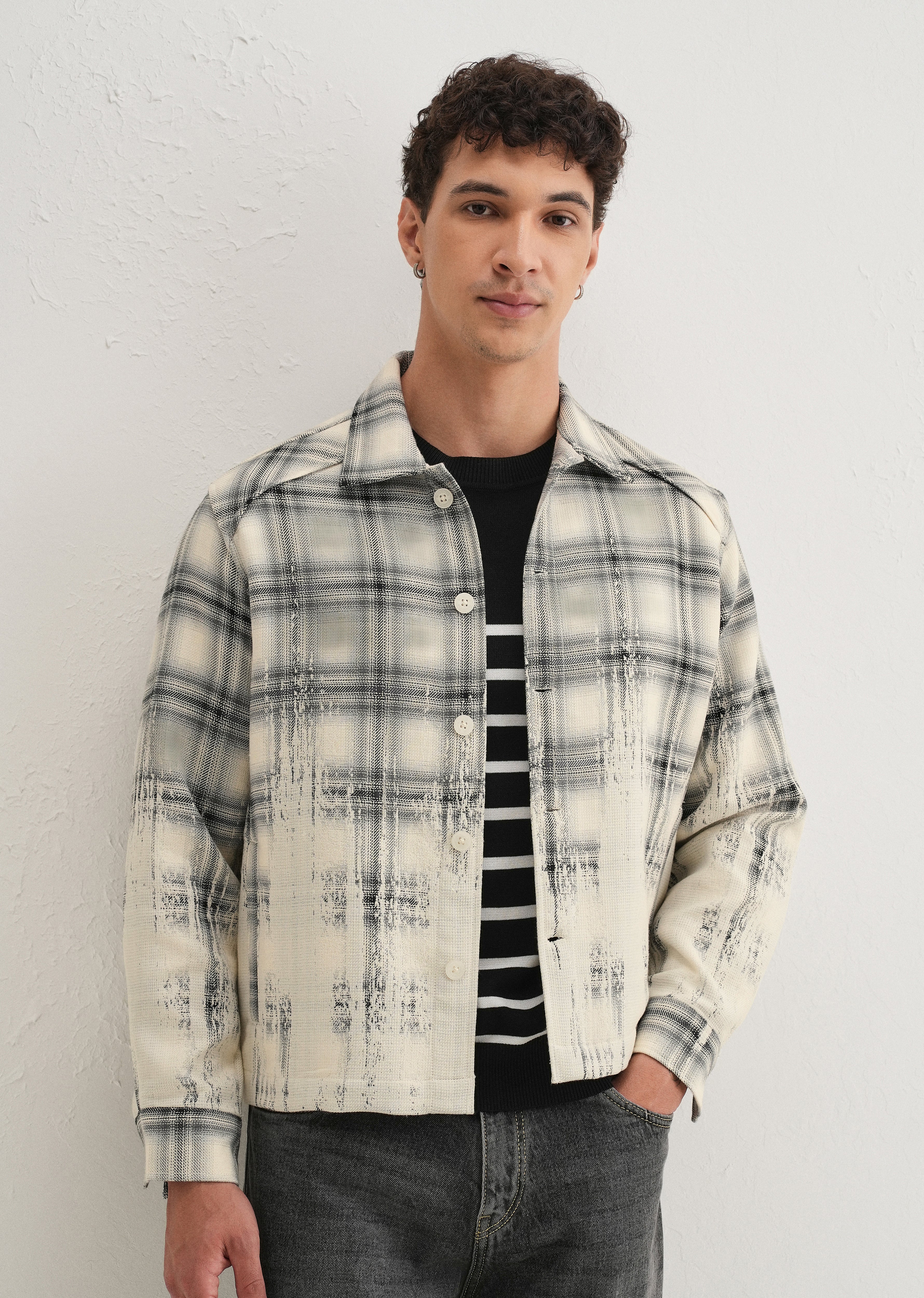 【See Sew】GRUNGE CHECK TAILORED JACKET Off-White Gradient Grunge Check Shacket