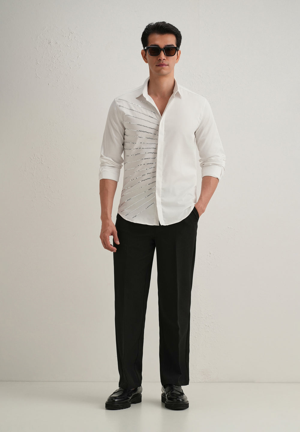 White Gradient Ray Sequin Designer Shirt