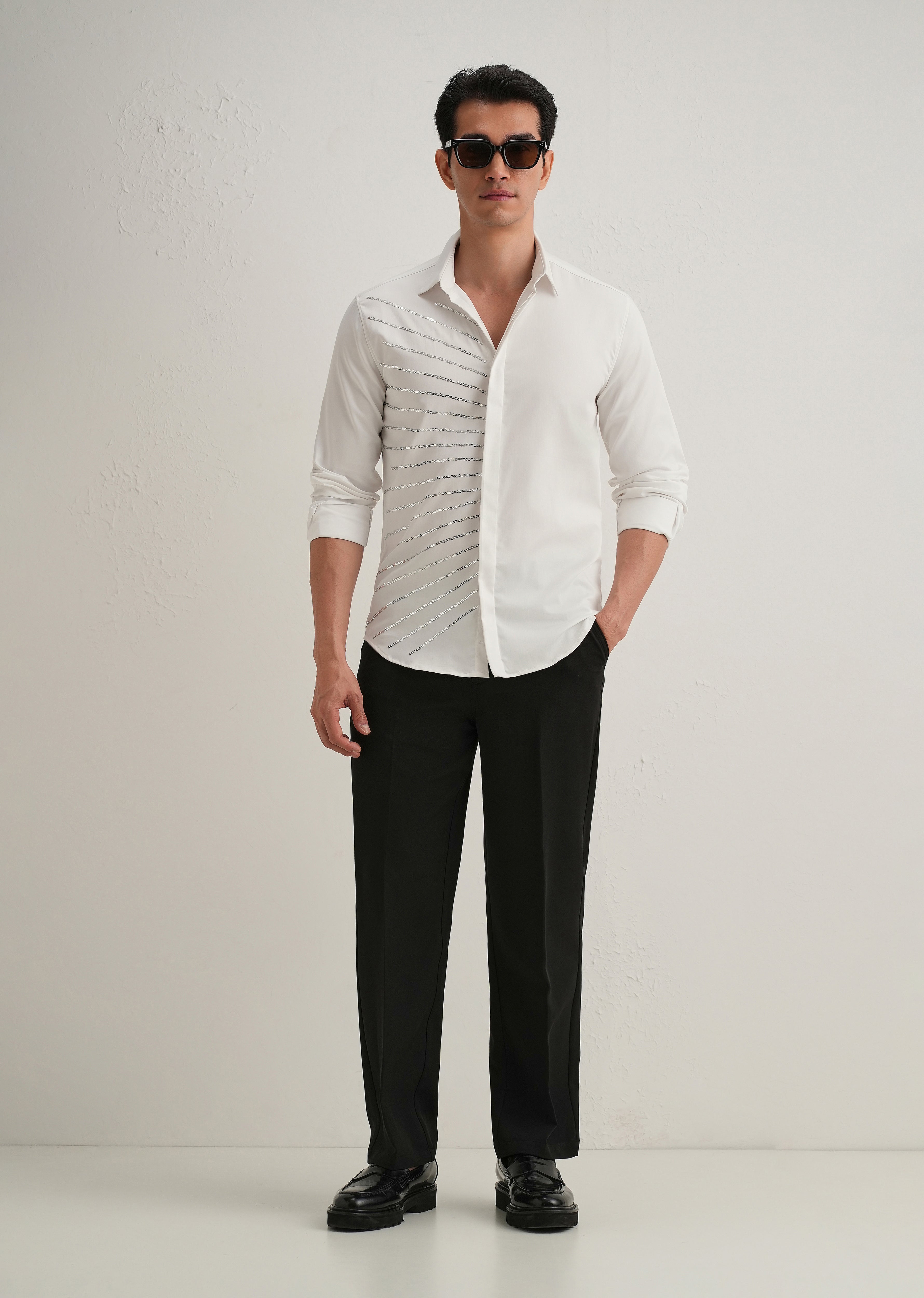 White Gradient Ray Sequin Designer Shirt