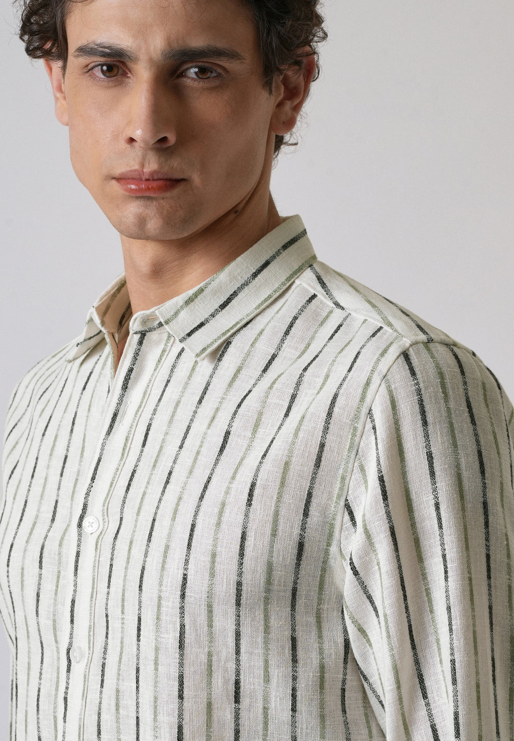 White Green Blended Cotton Striped Shirt