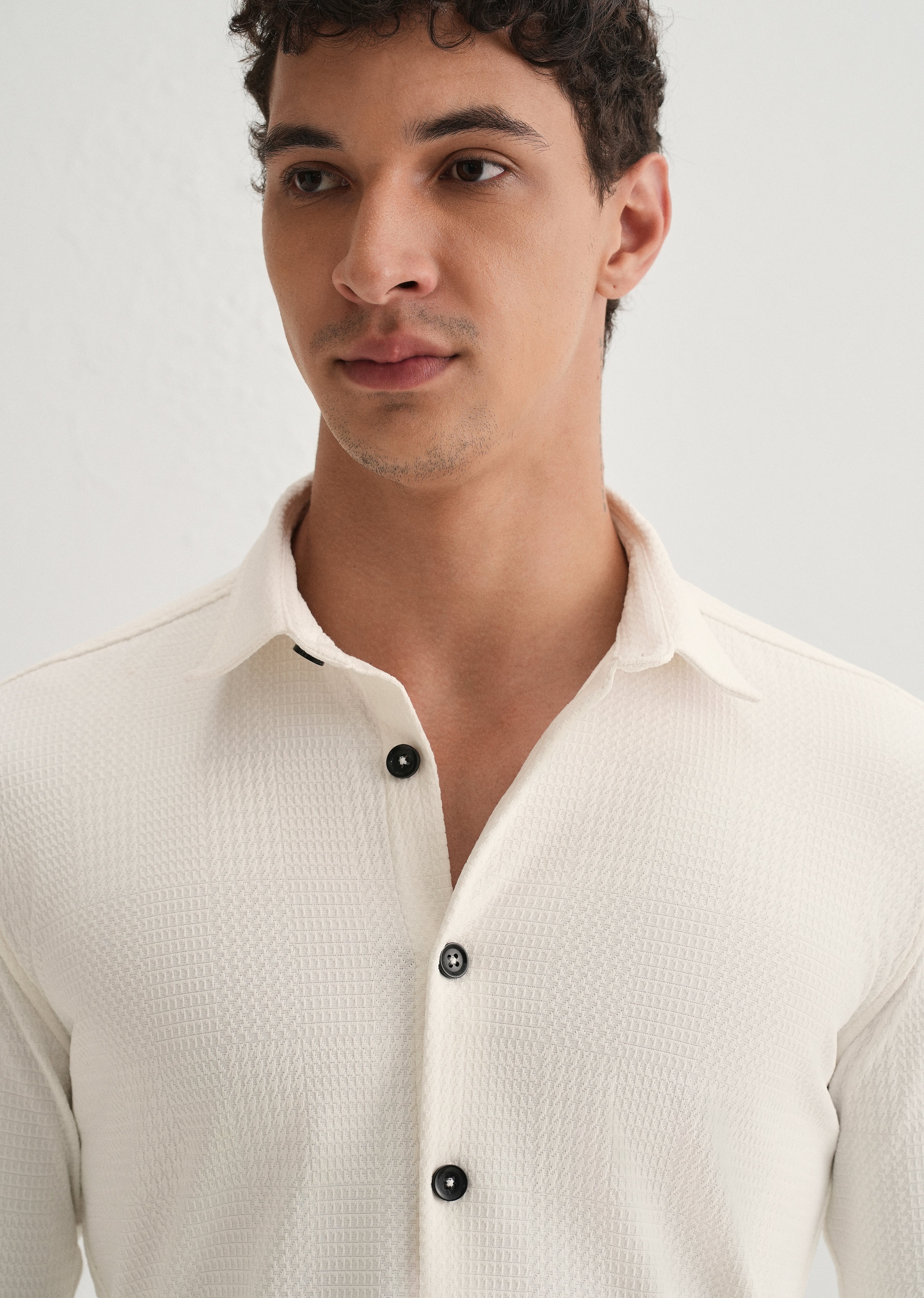 White Grid Textured Knit Shirt