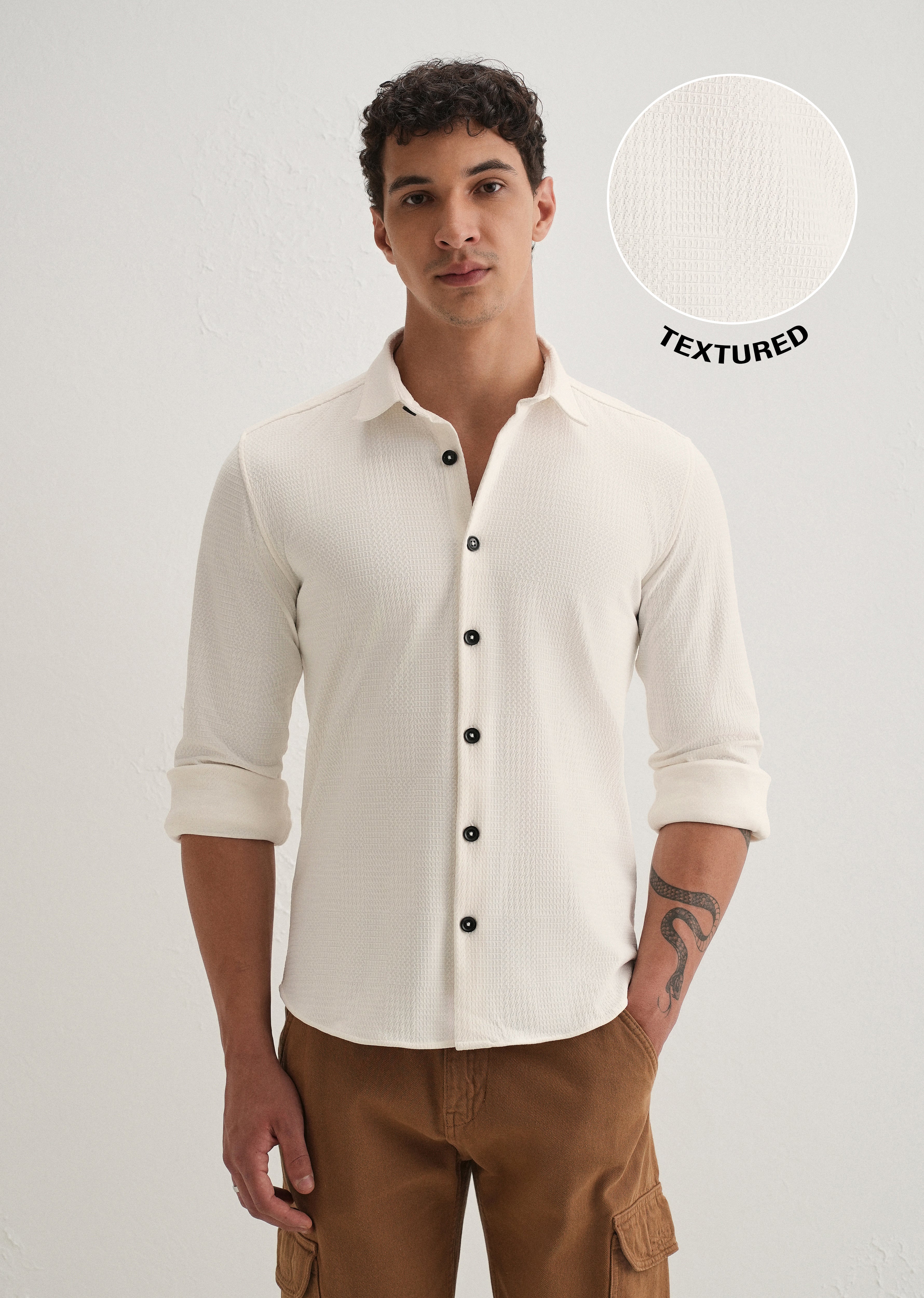 White Grid Textured Knit Shirt