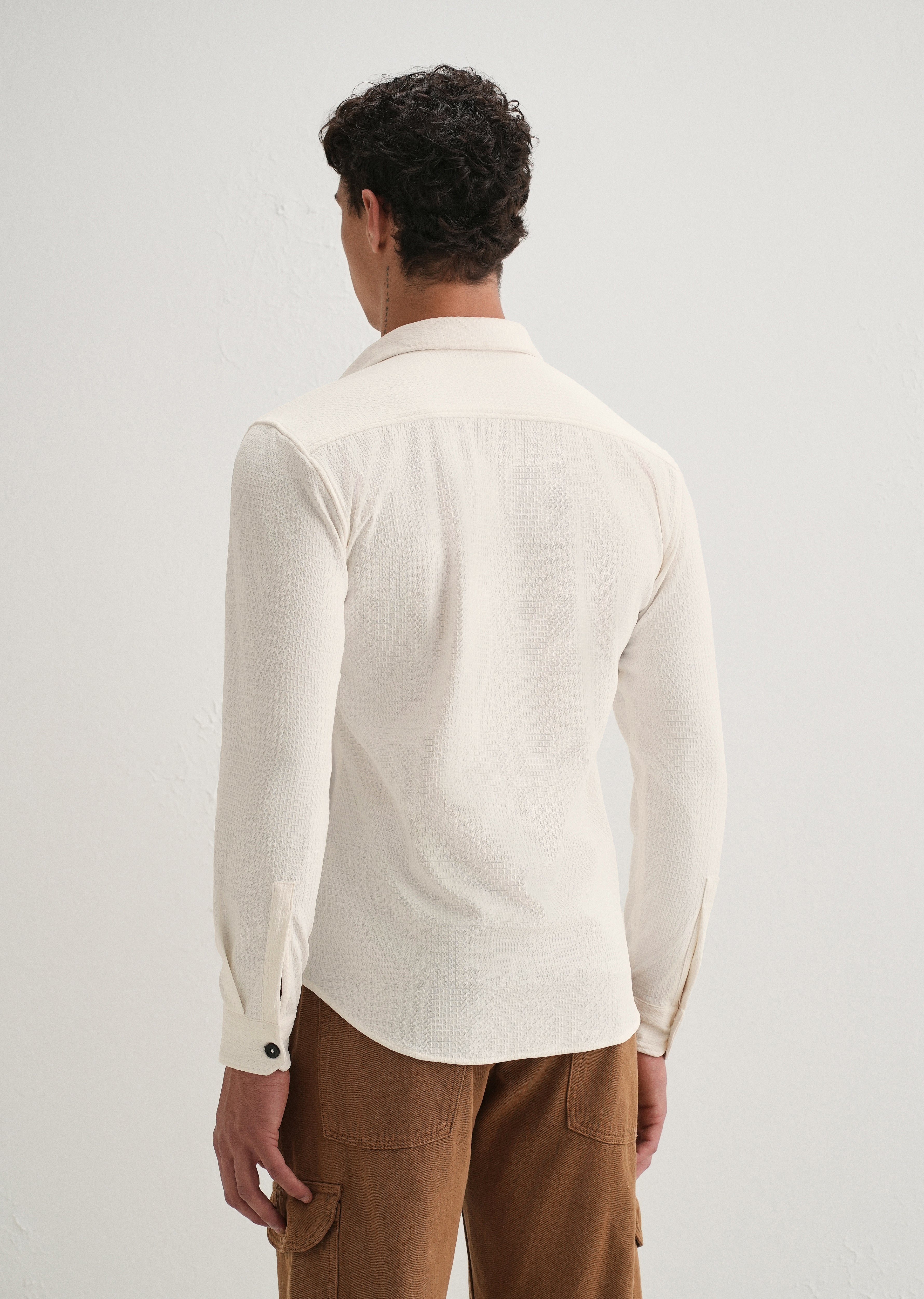 White Grid Textured Knit Shirt