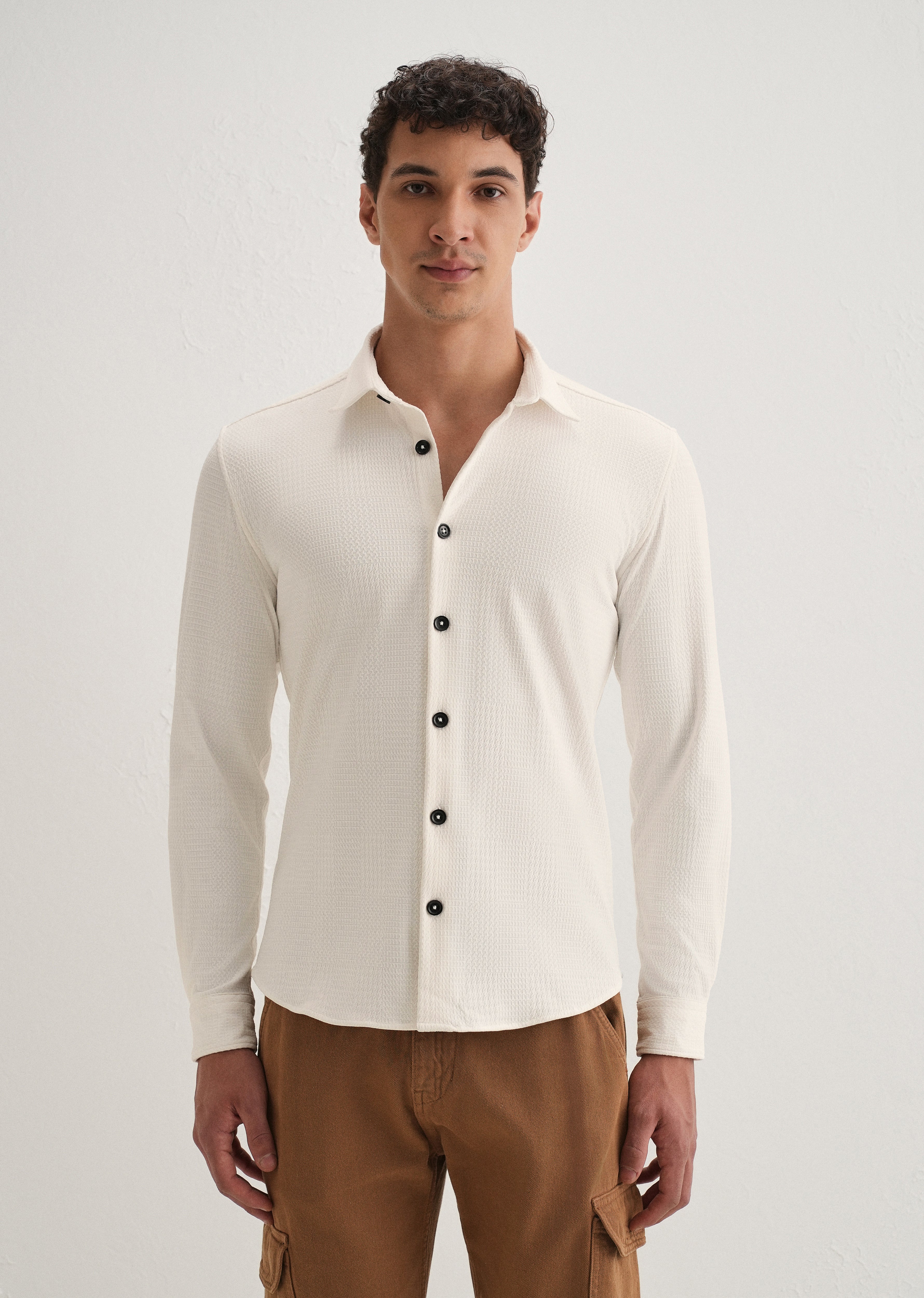 White Grid Textured Knit Shirt