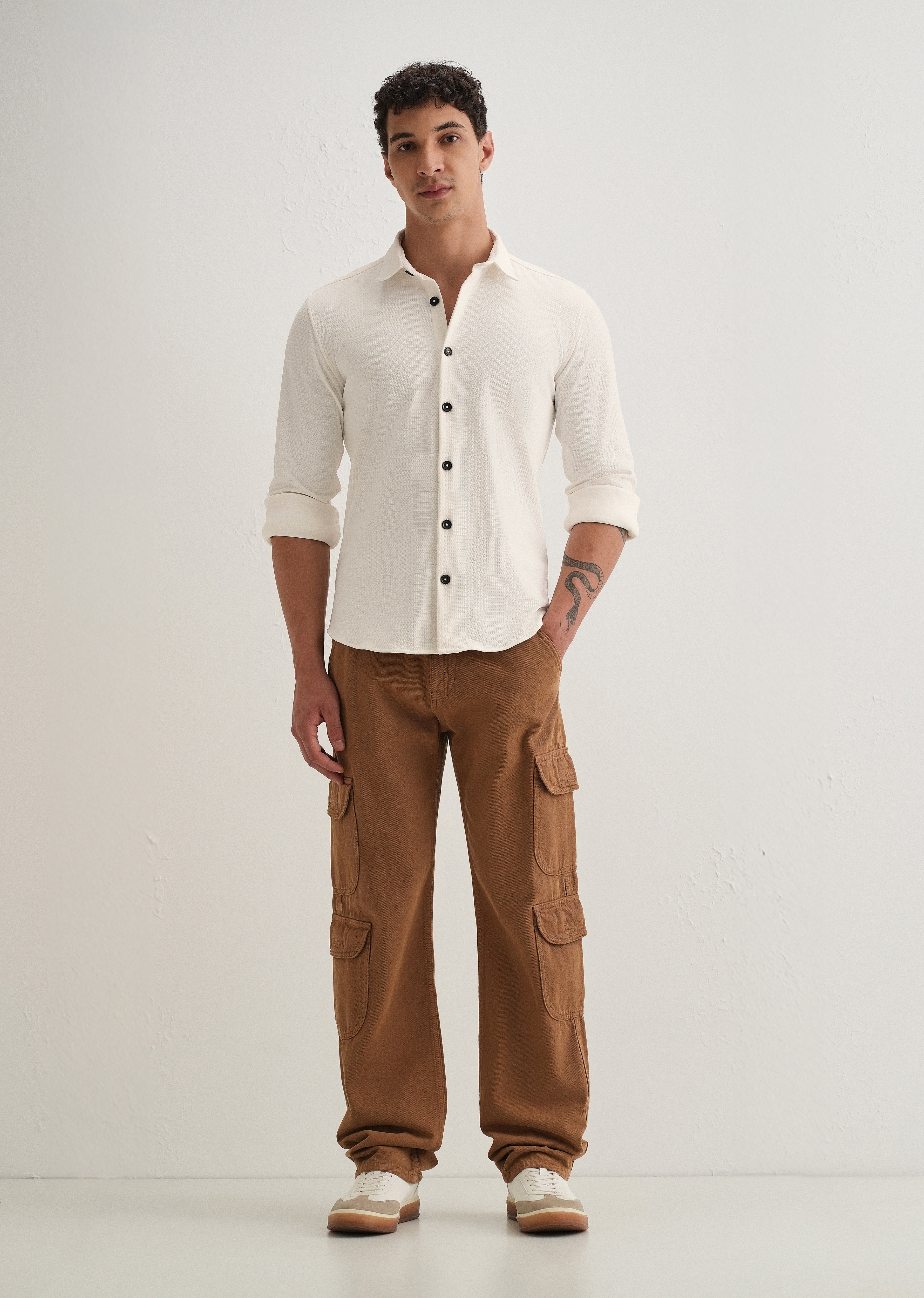 White Grid Textured Knit Shirt