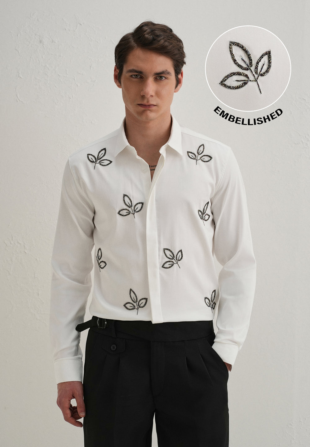 White Handcrafted Leaf Embroidery Shirt