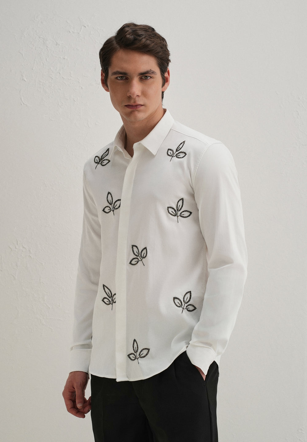 White Handcrafted Leaf Embroidery Shirt