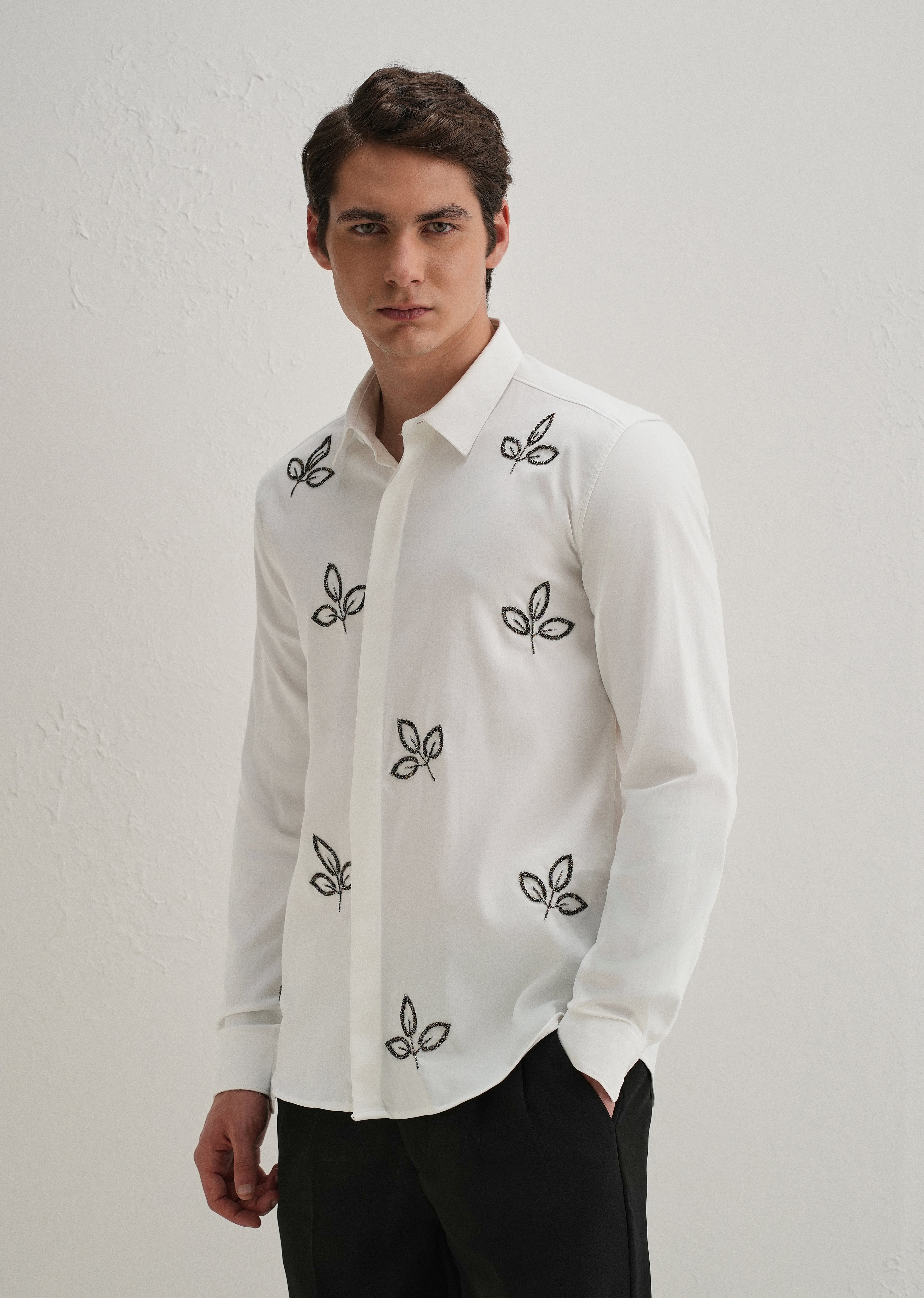 White Handcrafted Leaf Embroidery Shirt