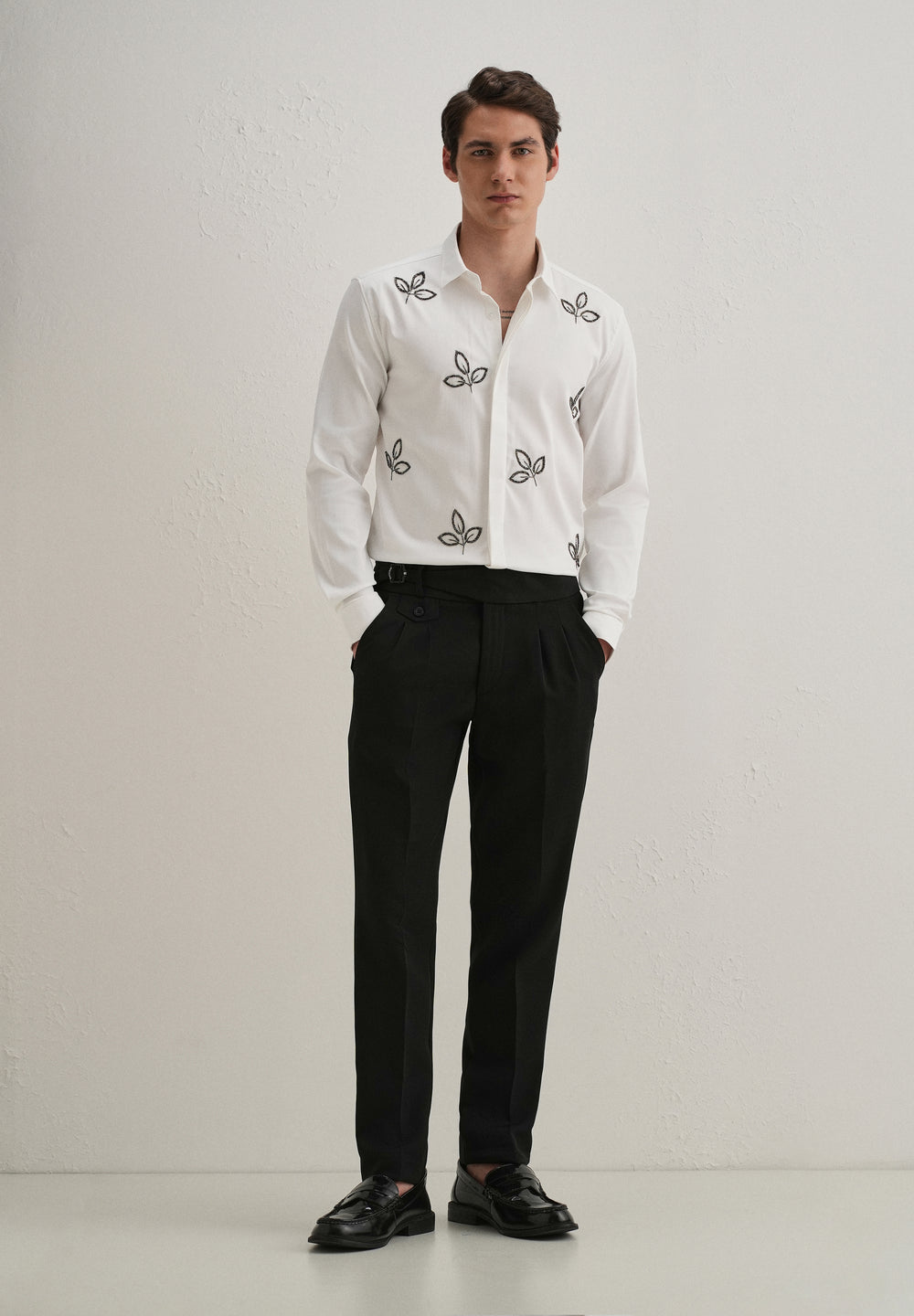 White Handcrafted Leaf Embroidery Shirt