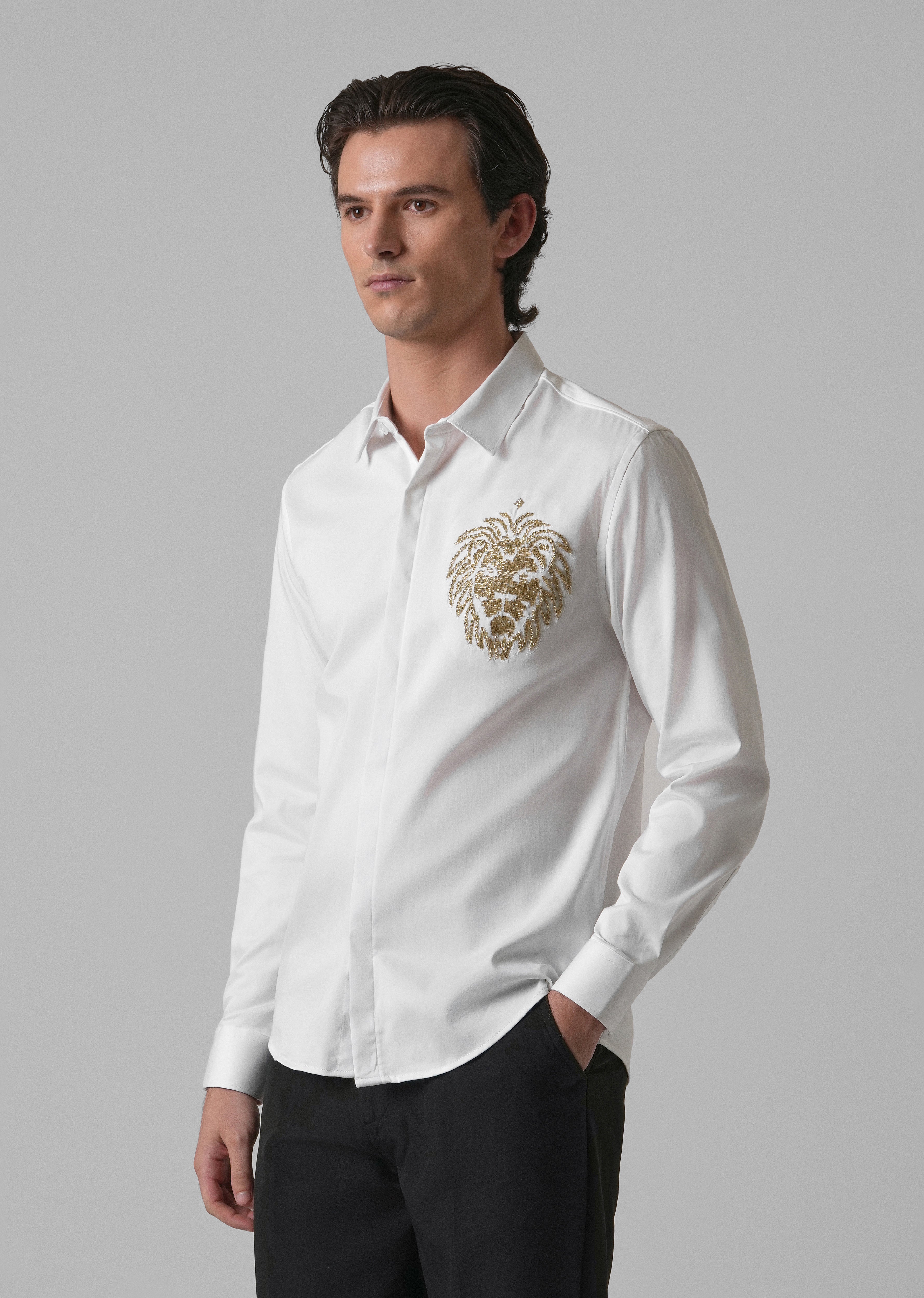 White Handcrafted Lion Embroidery Designer Shirt
