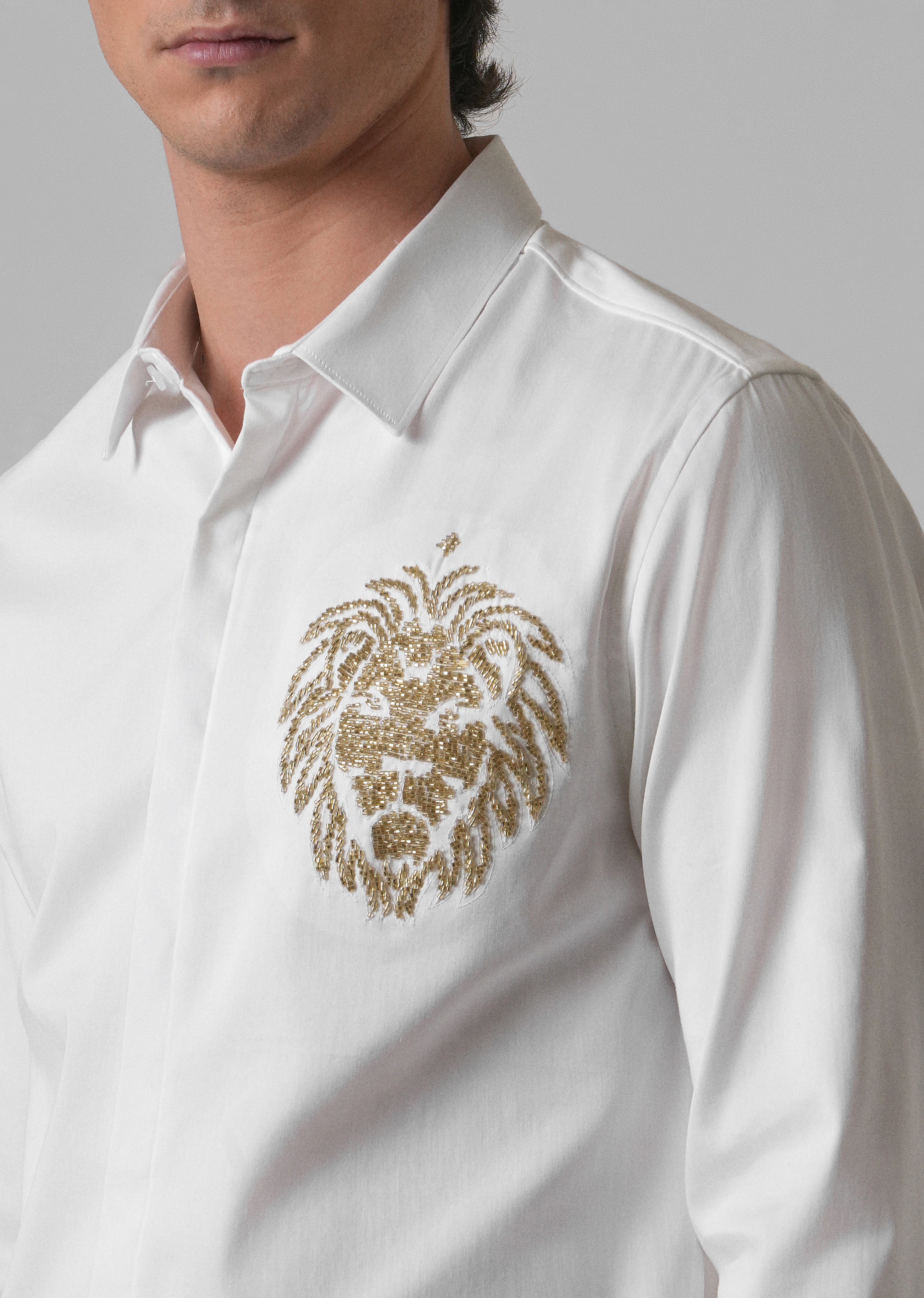 White Handcrafted Lion Embroidery Designer Shirt