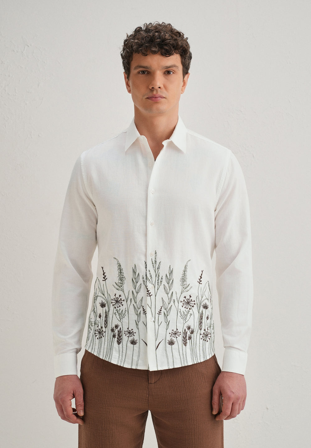 White Hem Embroidery Cotton Linen Shirt