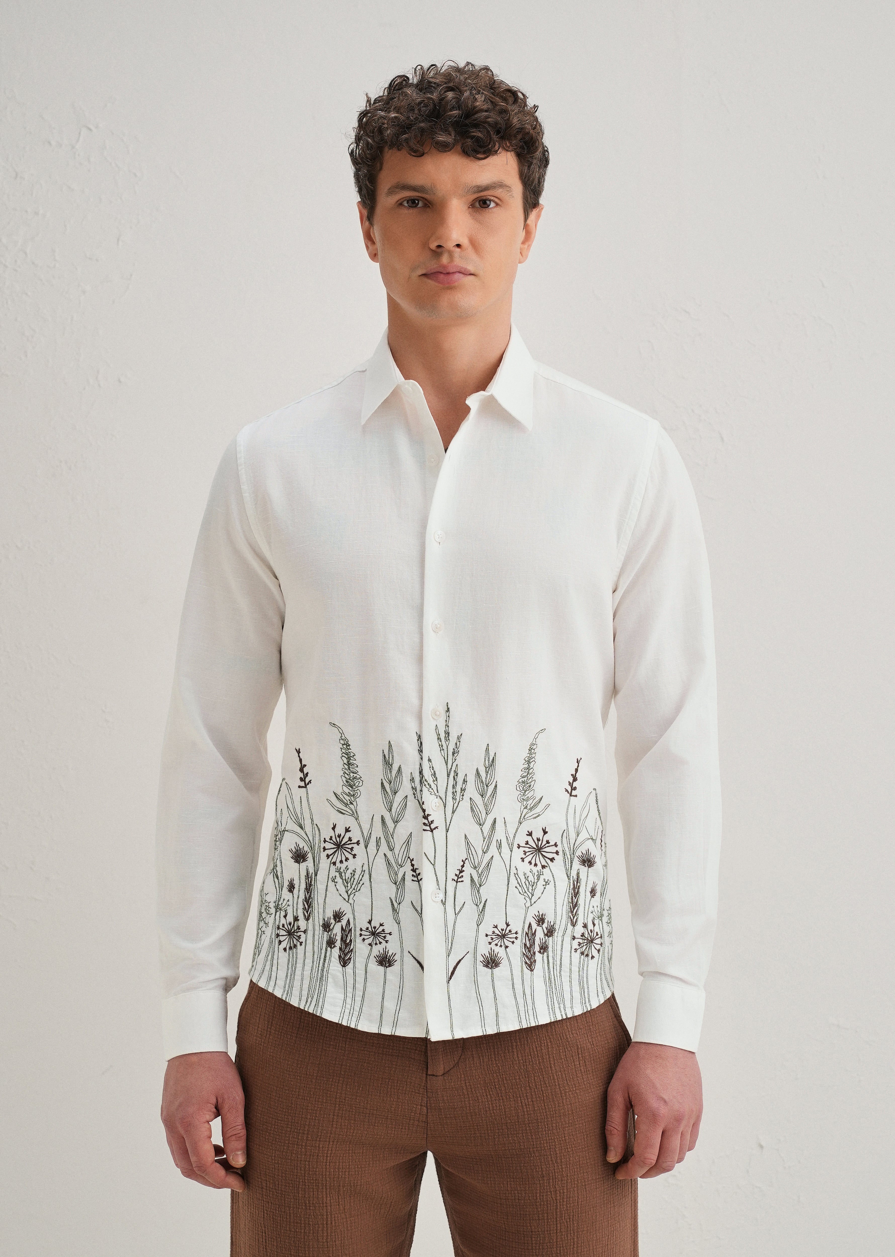 White Hem Embroidery Cotton Linen Shirt